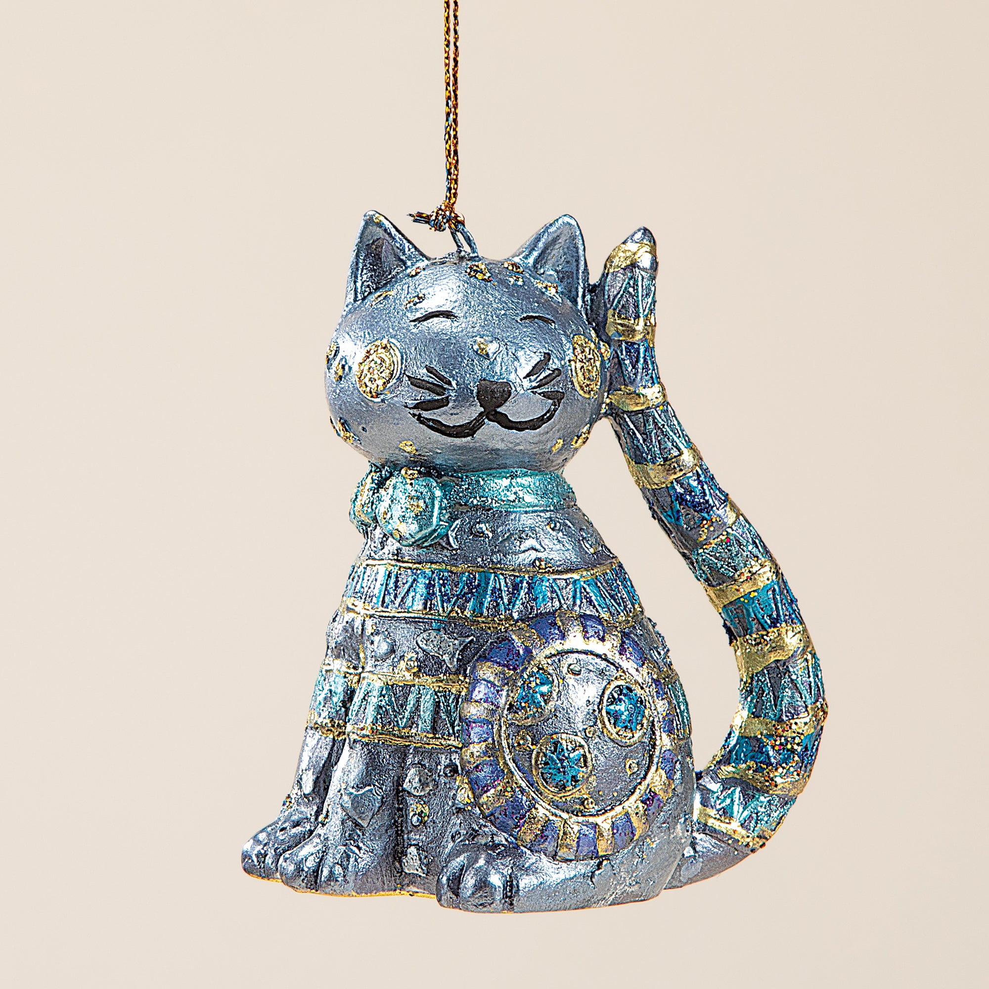 Hand-Painted Blue & Gold Cat Ornament