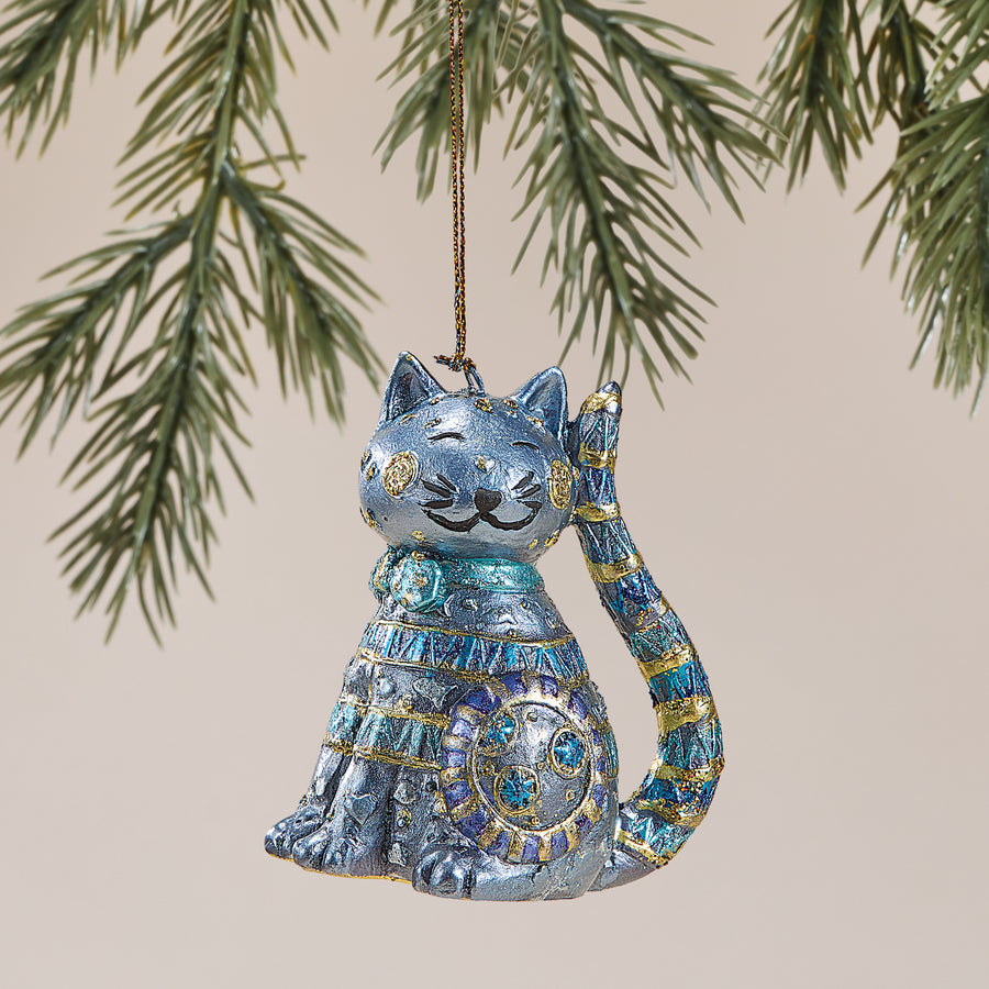 Hand-Painted Blue & Gold Cat Ornament