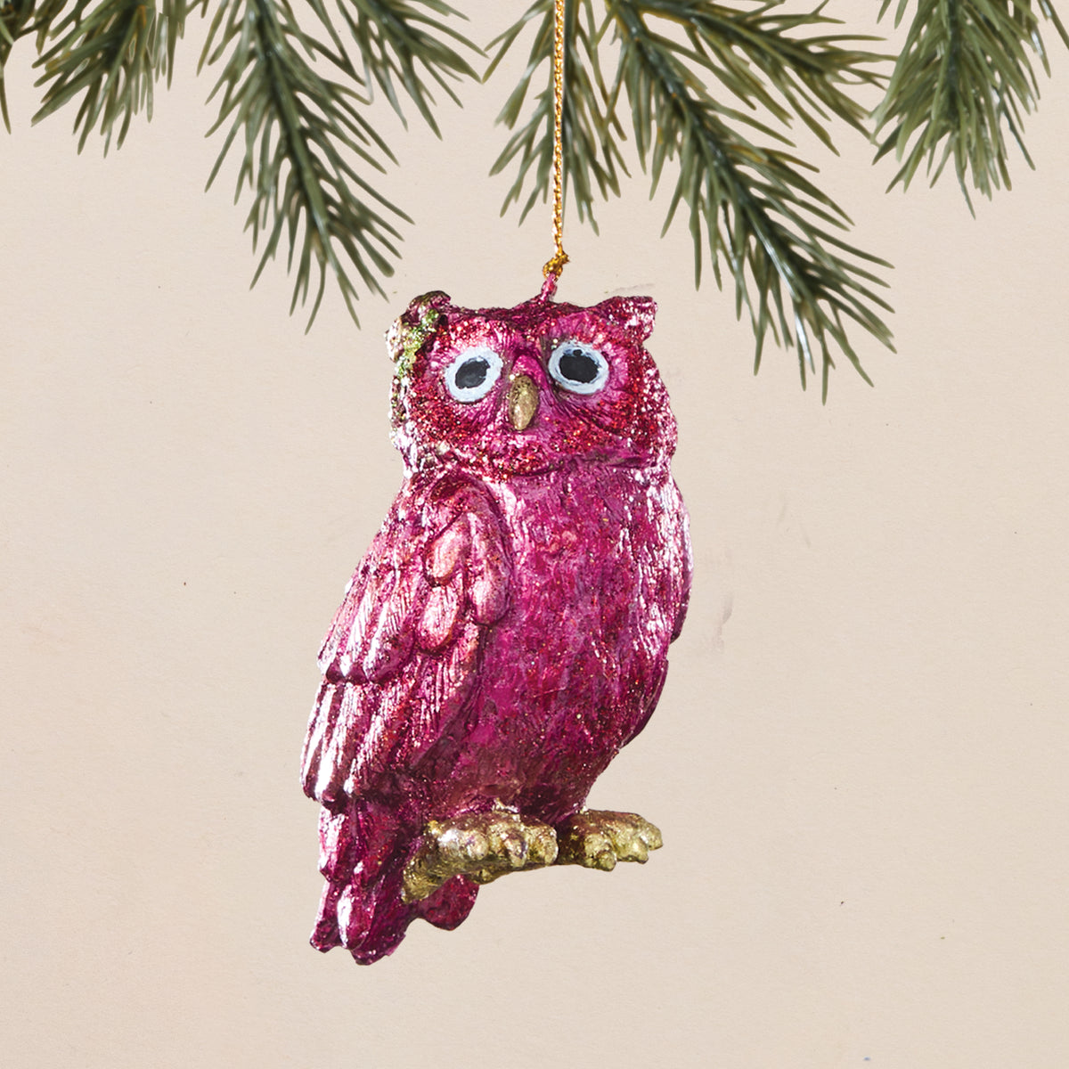 Hand-Painted Deep Pink Owl Ornament (Preorder)