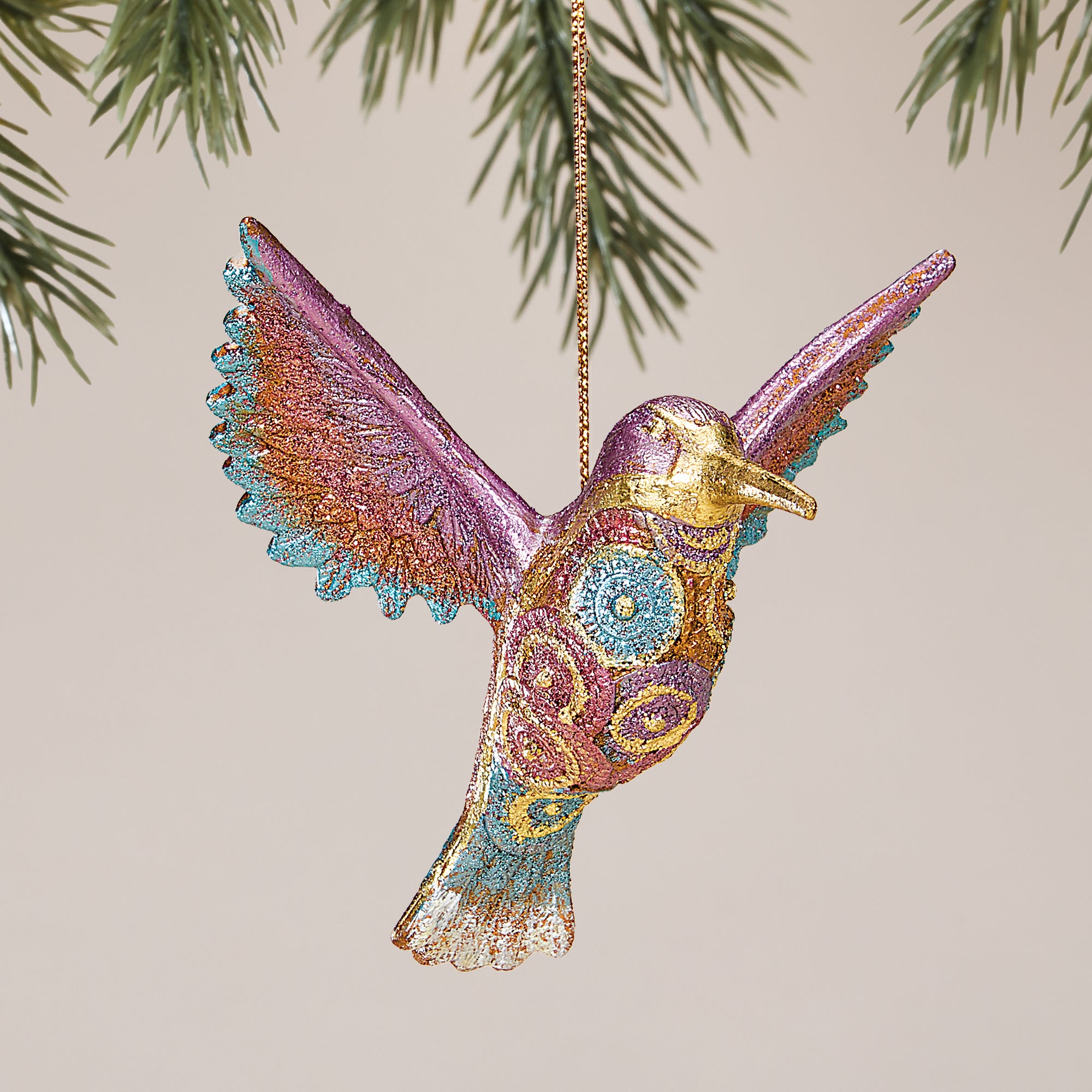 Hand-Painted Glittering Swirls Hummingbird Ornament