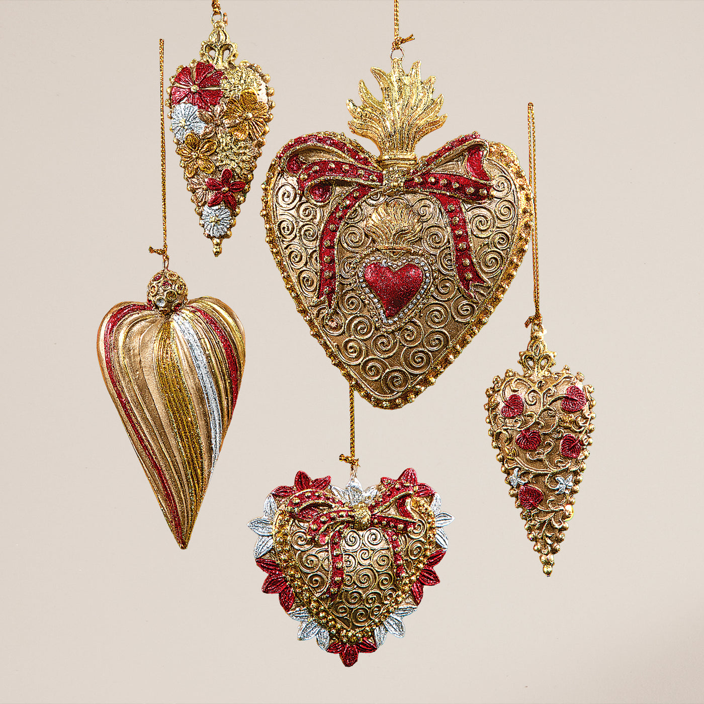 Hand-Painted Regal Heart Ornaments Set of 5