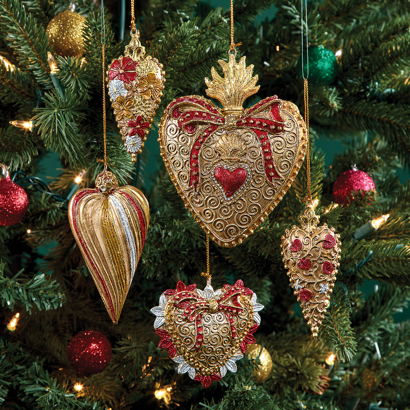 Hand-Painted Regal Heart Ornaments Set of 5