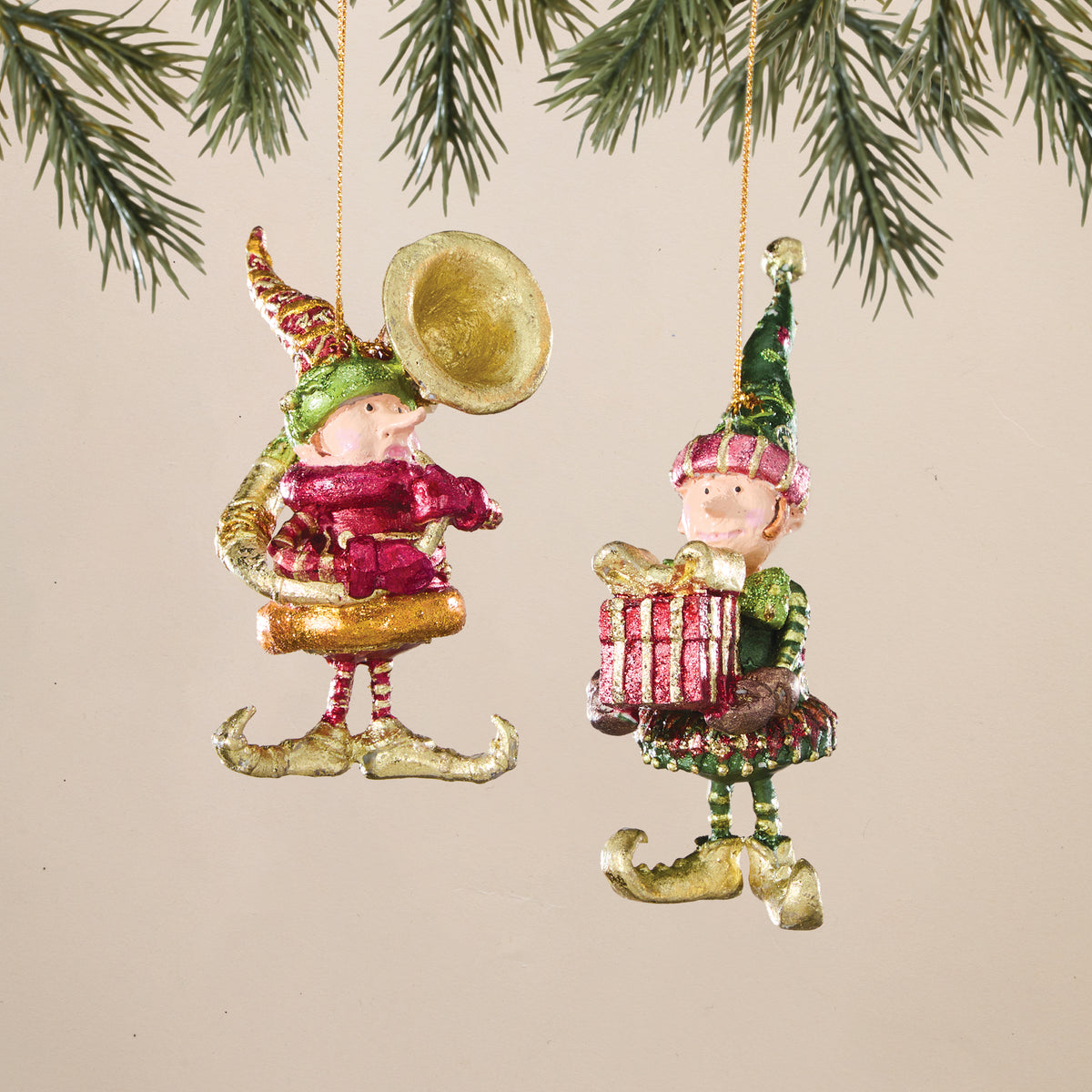 Hand-Painted Helper Elves Ornaments, Set of 2 (Preorder)