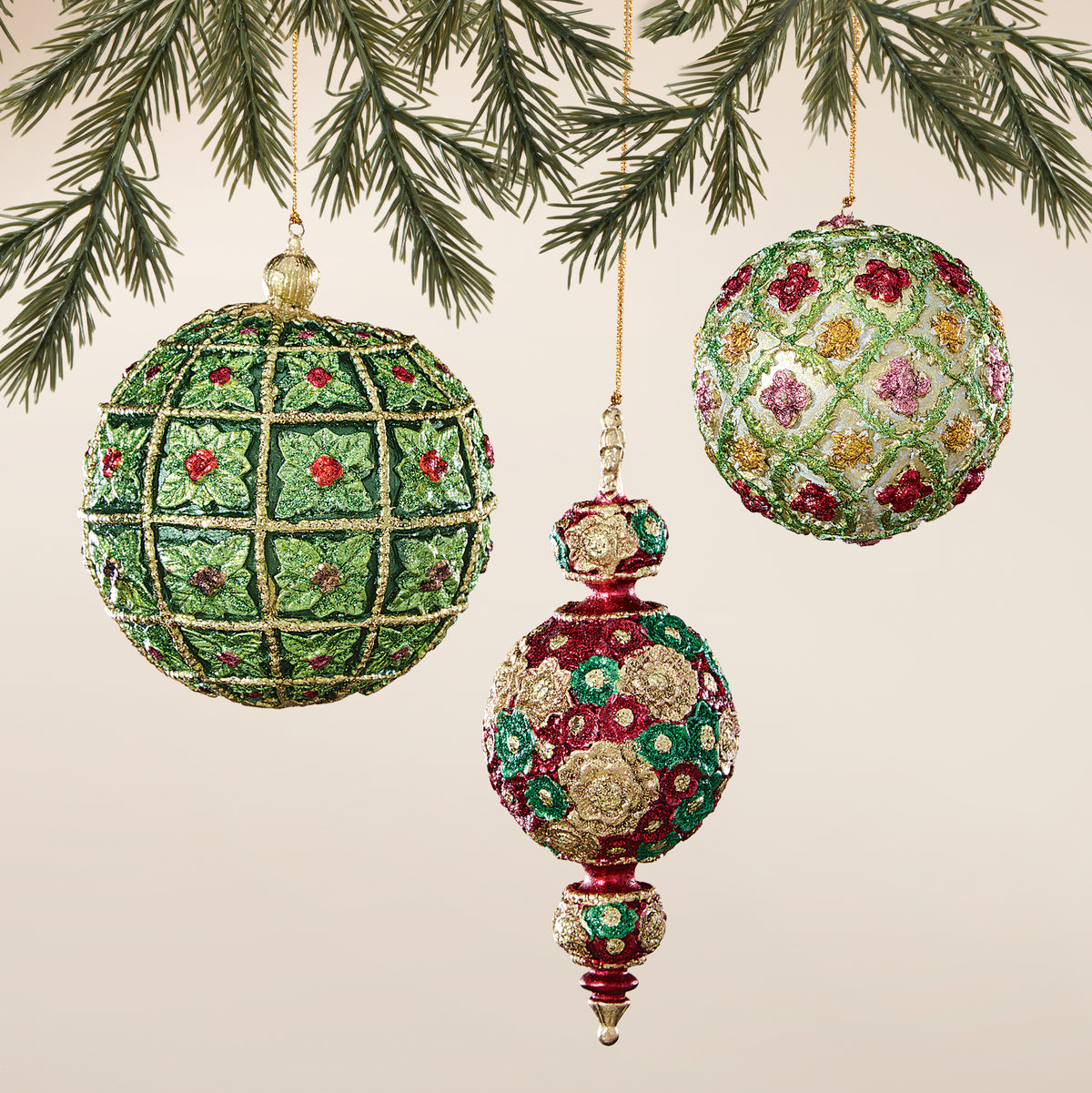 Hand-Painted Glittering Holiday Ornaments, Set of 3 (Preorder)