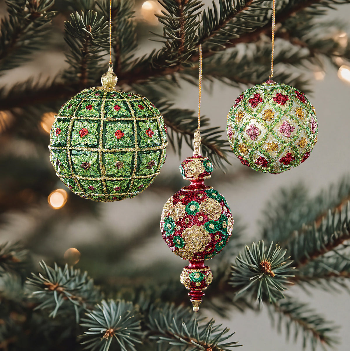 Hand-Painted Glittering Holiday Ornaments, Set of 3 (Preorder)