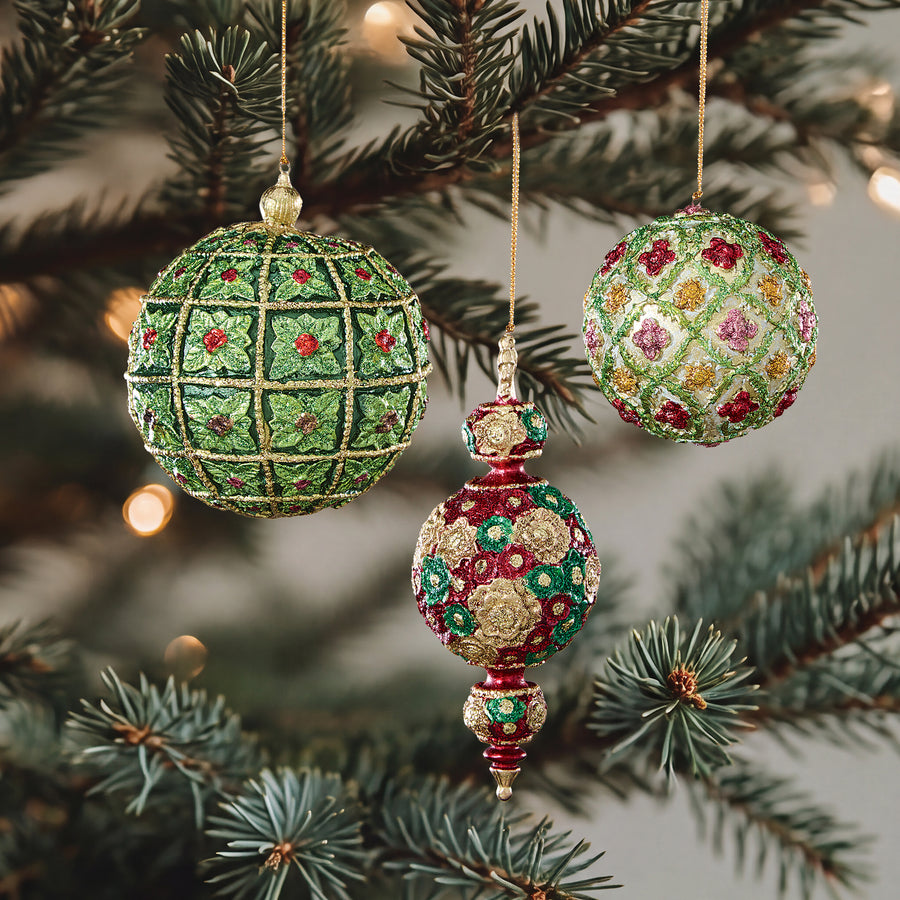 Hand-Painted Glittering Holiday Ornaments, Set of 3 (Preorder)