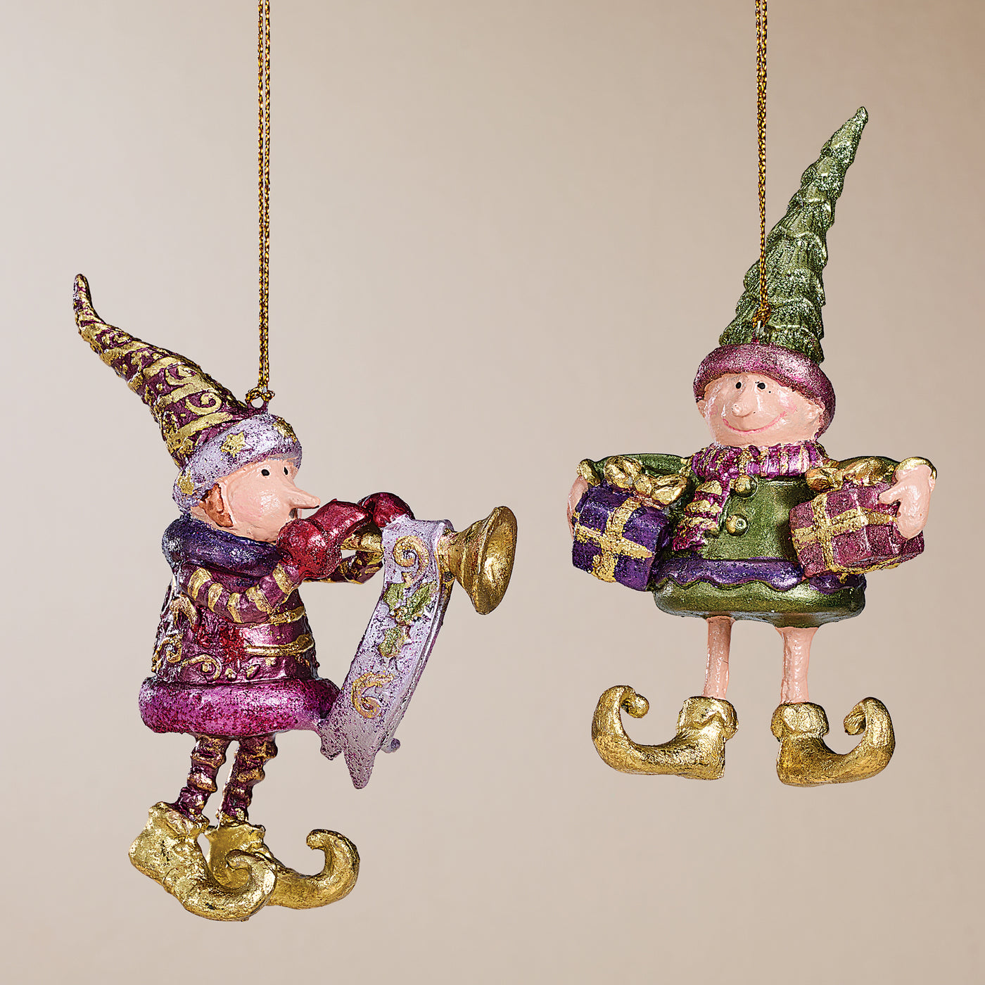 Hand-Painted Christmas Elf Ornaments Set of 2