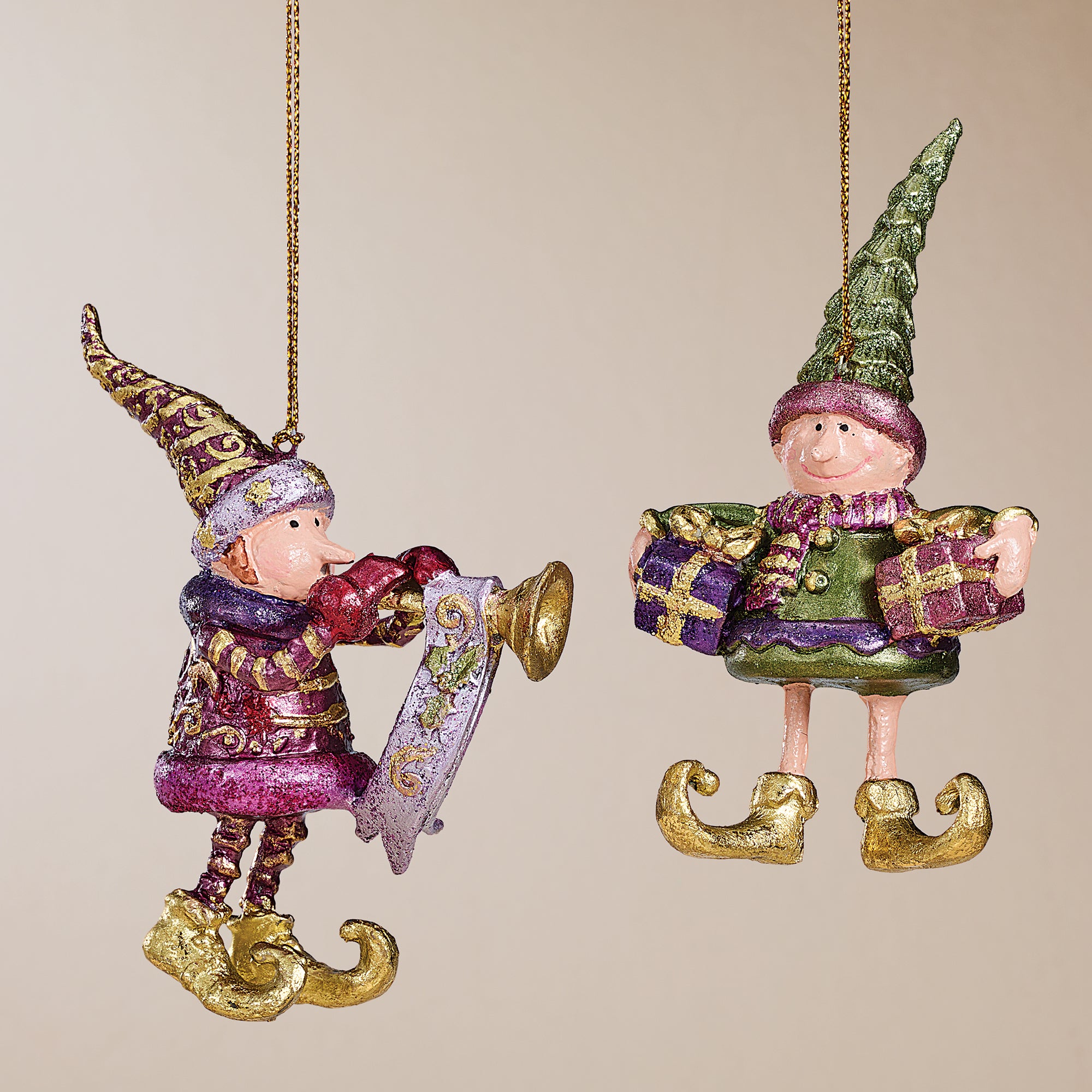 Hand-Painted Christmas Elf Ornaments Set of 2