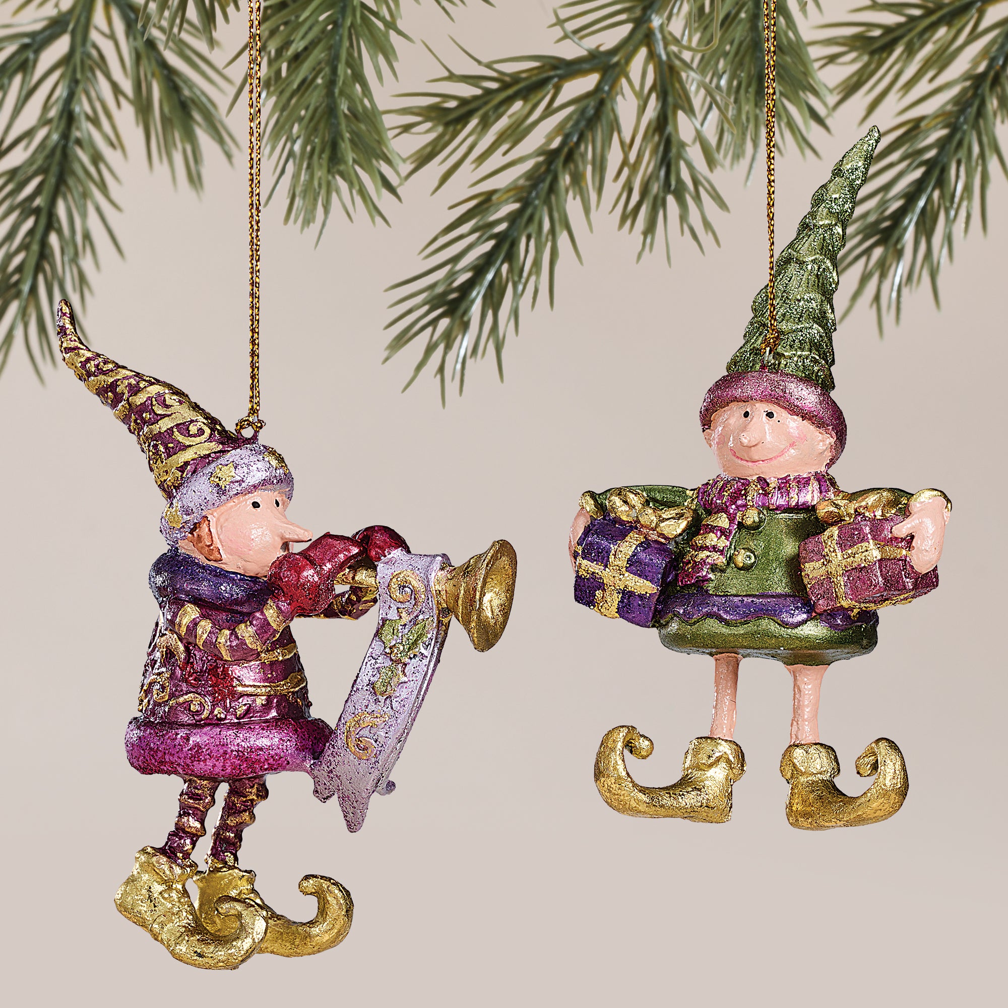 Hand-Painted Christmas Elf Ornaments Set of 2
