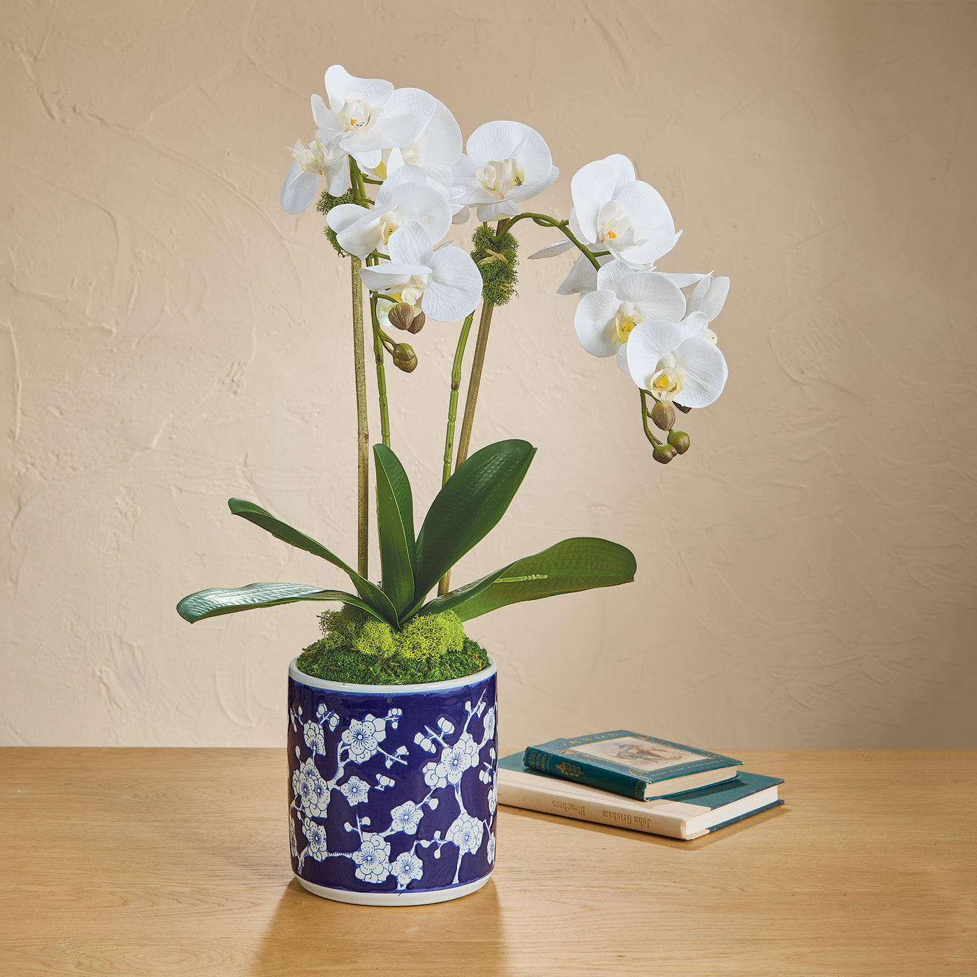 Faux White Double Orchid in Chinoiserie Pot