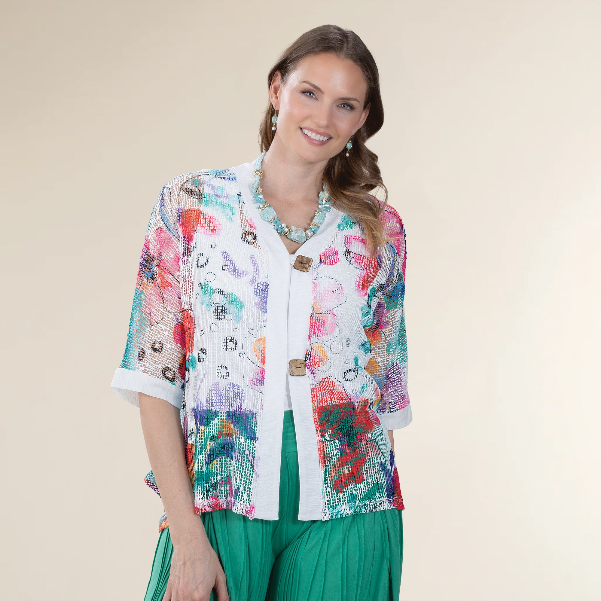 Boucle Floral Mesh Two-Button Cardigan