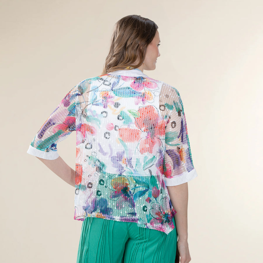 Boucle Floral Mesh Two-Button Cardigan