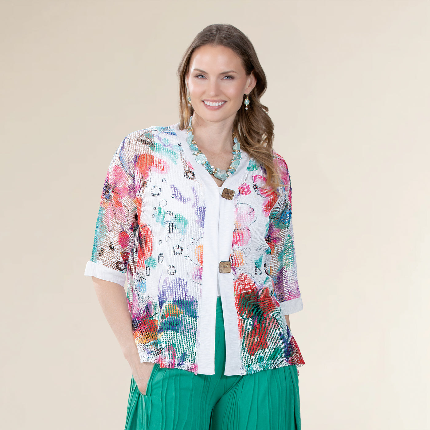 Boucle Floral Mesh Two-Button Cardigan
