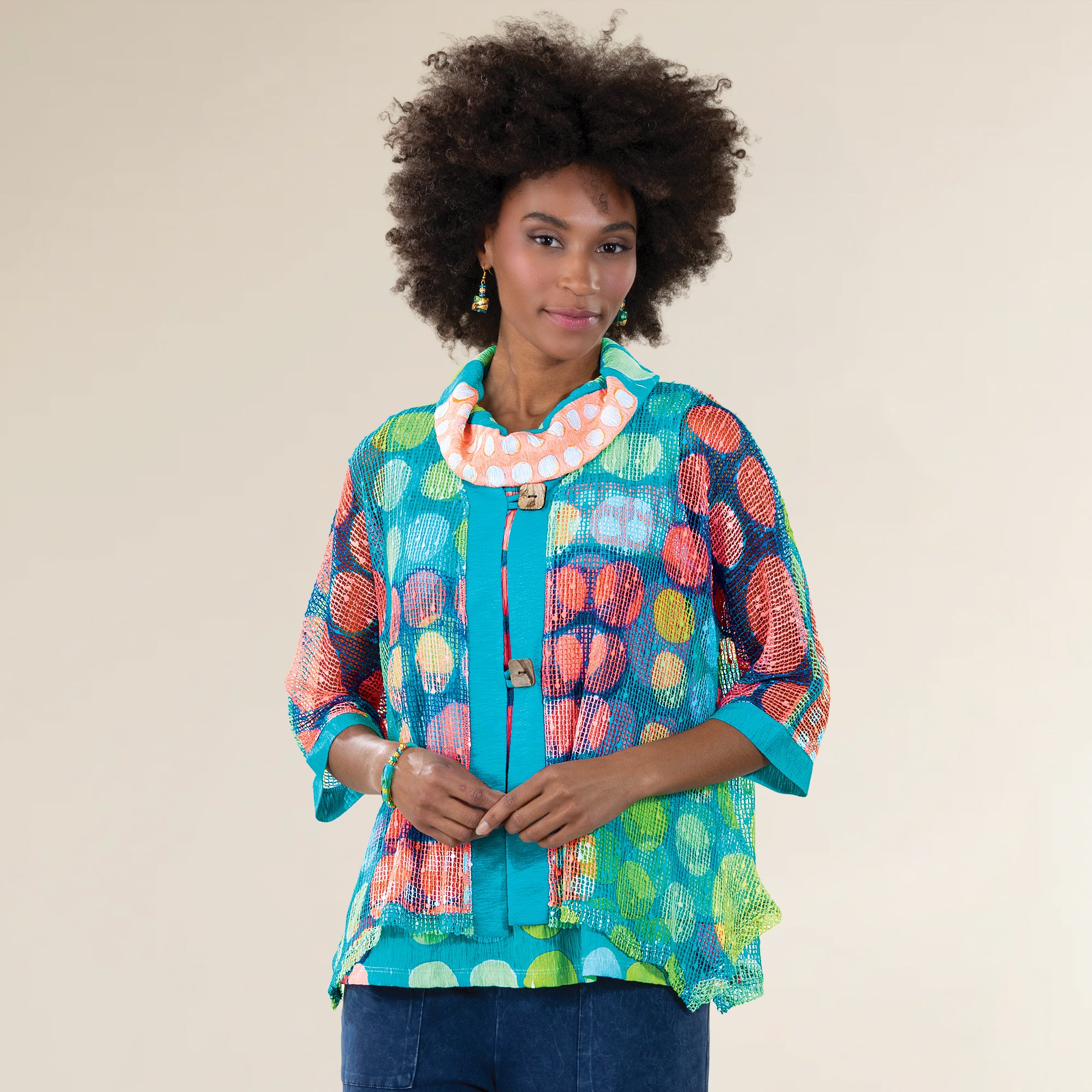 Retro Dots Two-Button Mesh Cardigan