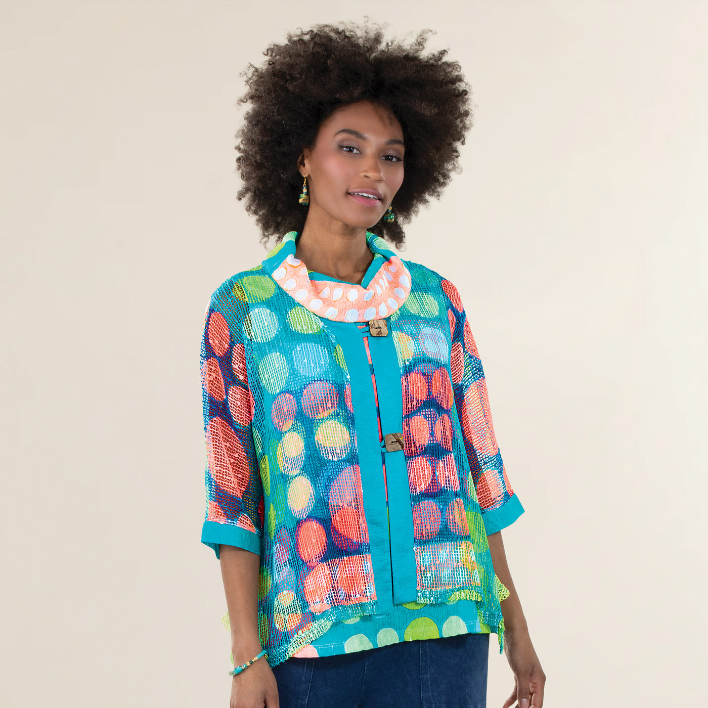 Retro Dots Two-Button Mesh Cardigan