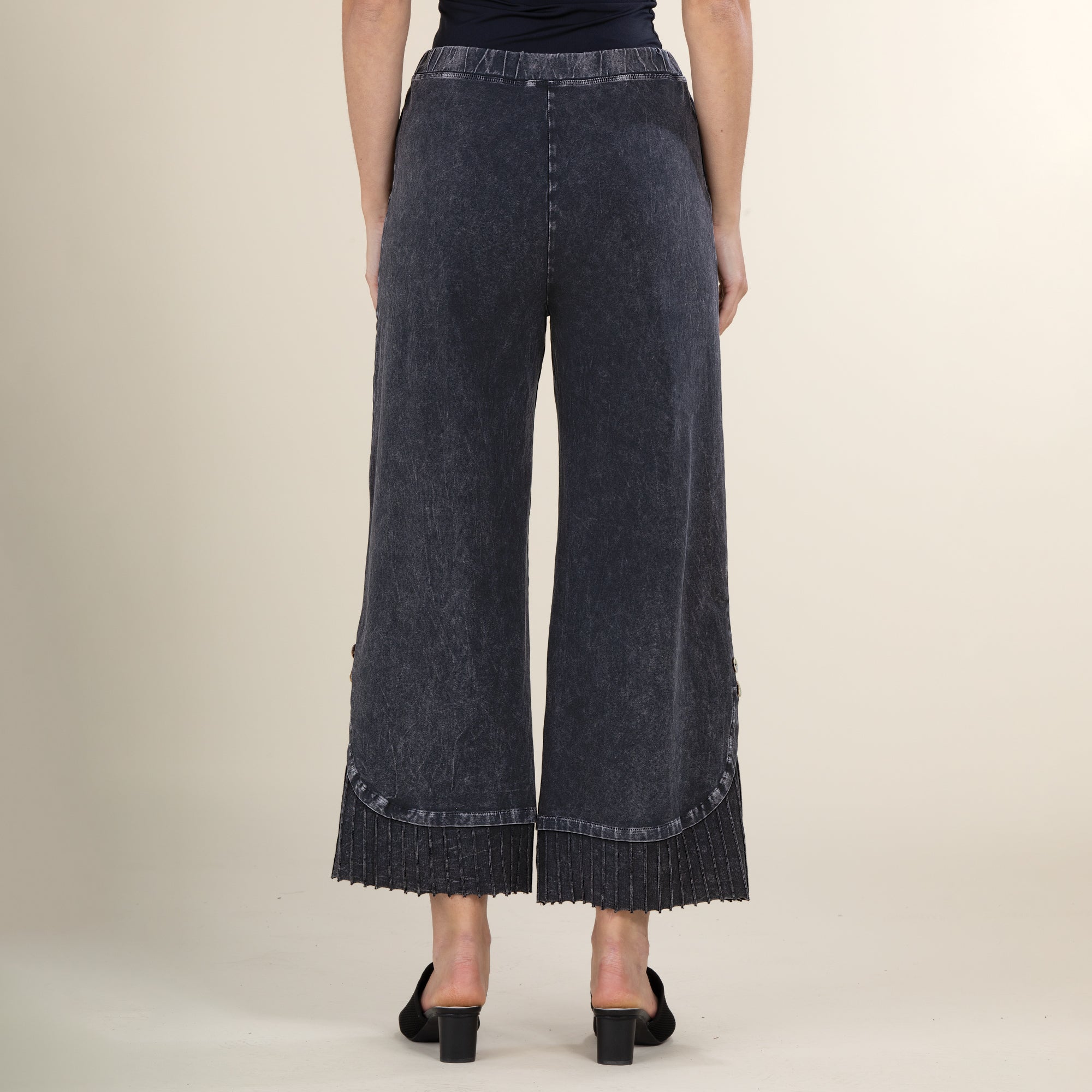 Wide Leg Black Mineral Wash Pleated Pants