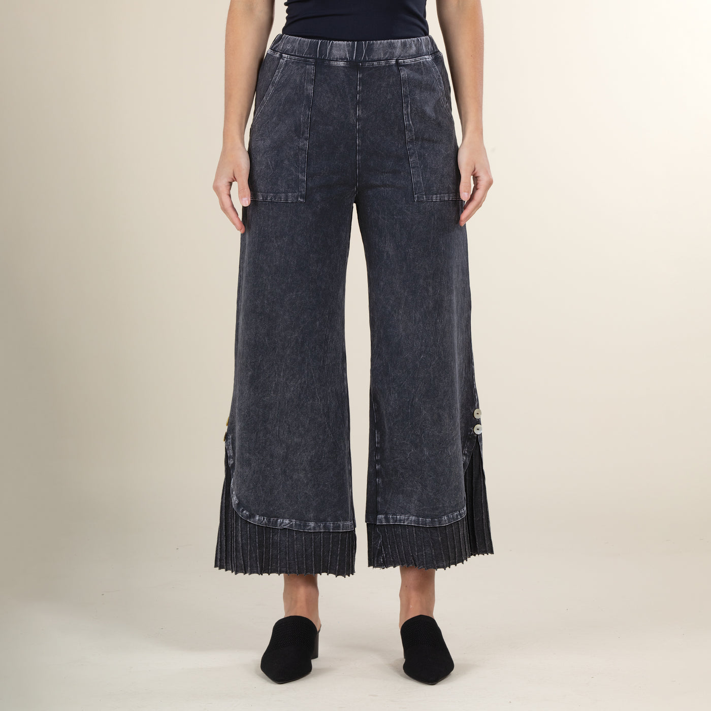 Wide Leg Black Mineral Wash Pleated Pants