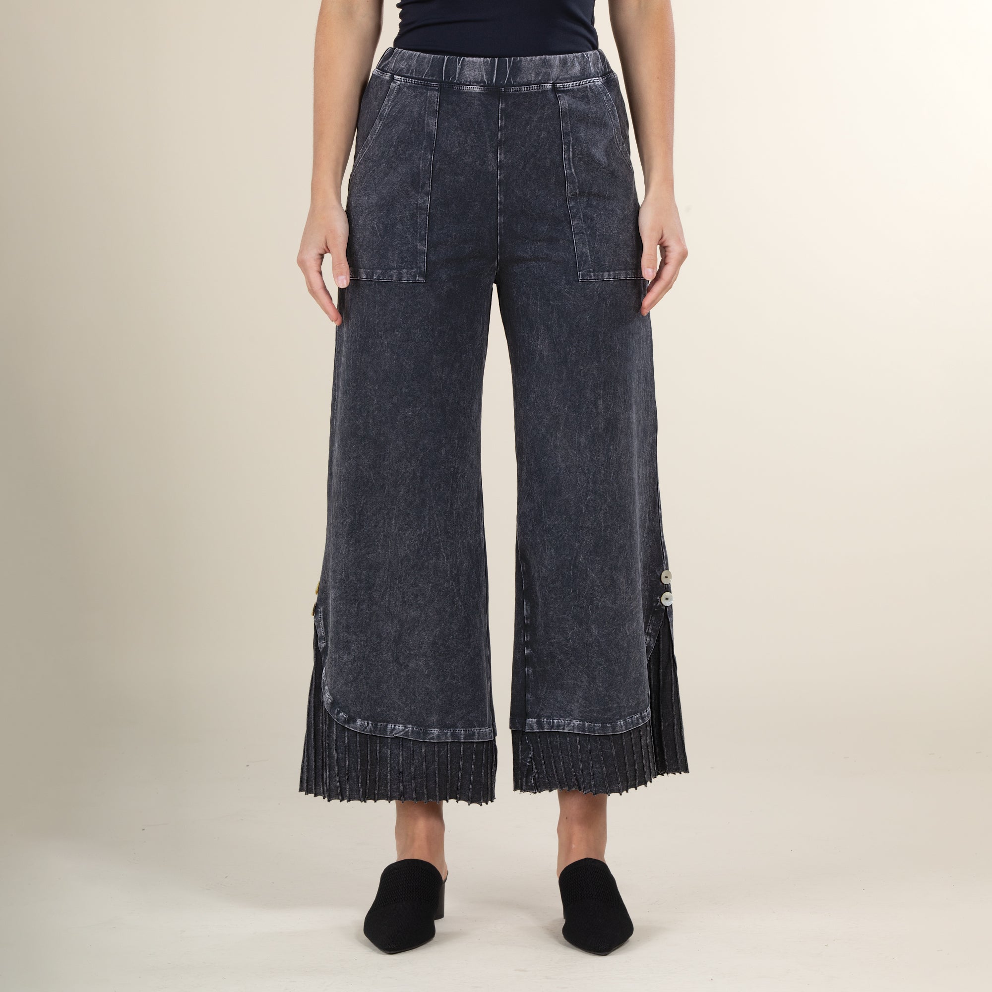 Wide Leg Black Mineral Wash Pleated Pants