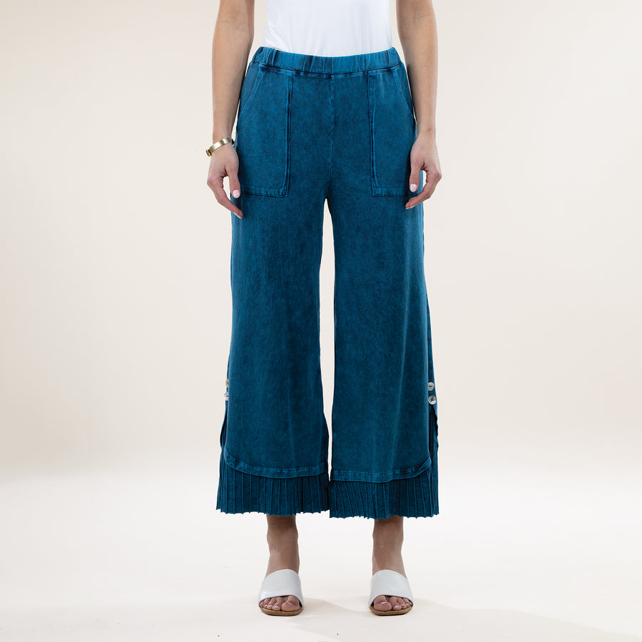 Wide Leg Sapphire Mineral Wash Pleated Pants