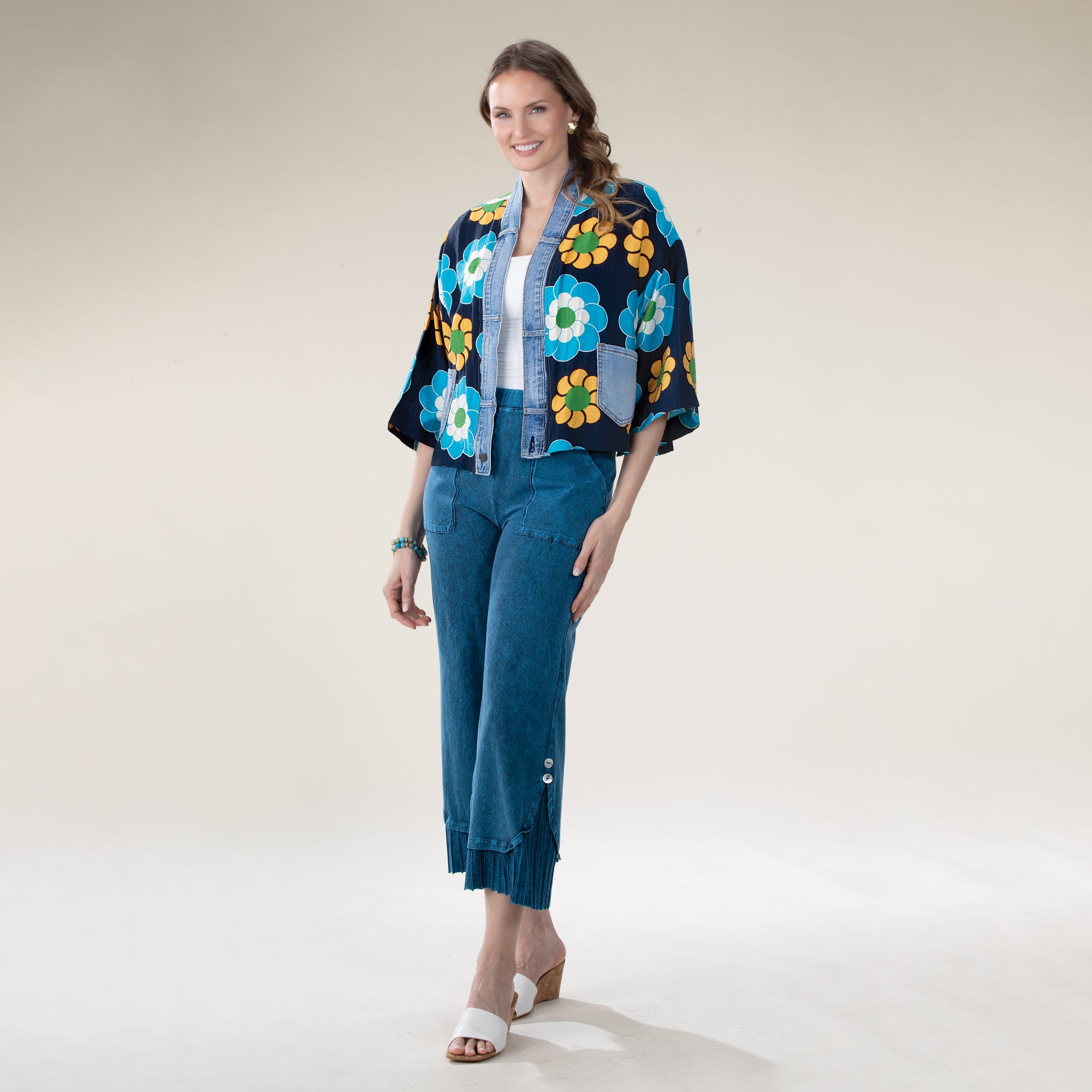 Wide Leg Sapphire Mineral Wash Pleated Pants