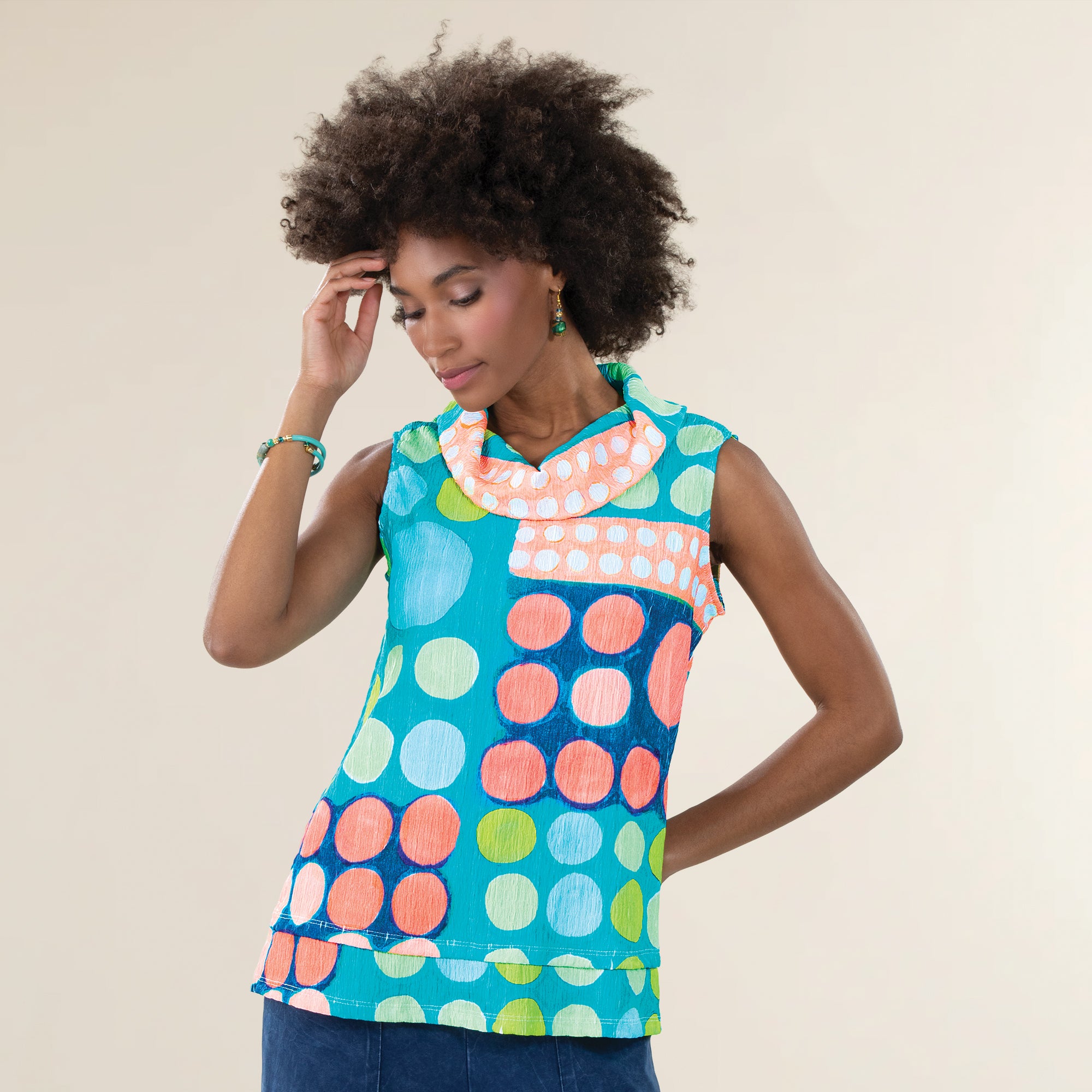 Retro Dots Cowl Neck Sleeveless Crinkle Top