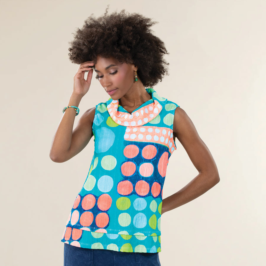 Retro Dots Cowl Neck Sleeveless Crinkle Top