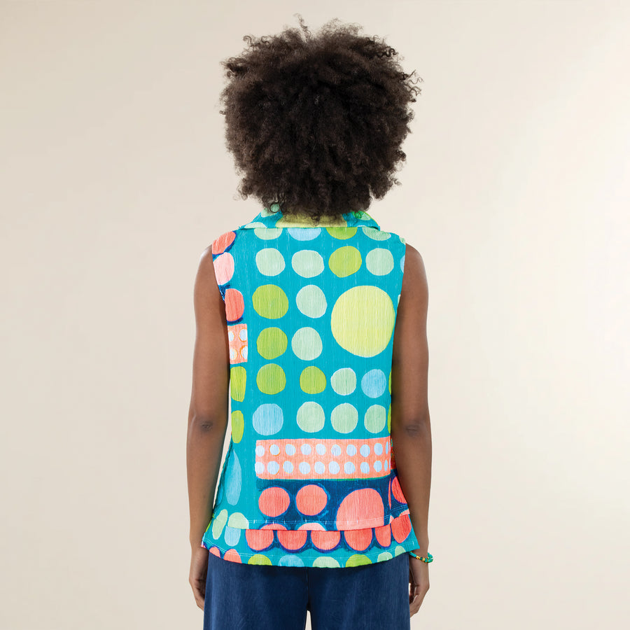 Retro Dots Cowl Neck Sleeveless Crinkle Top