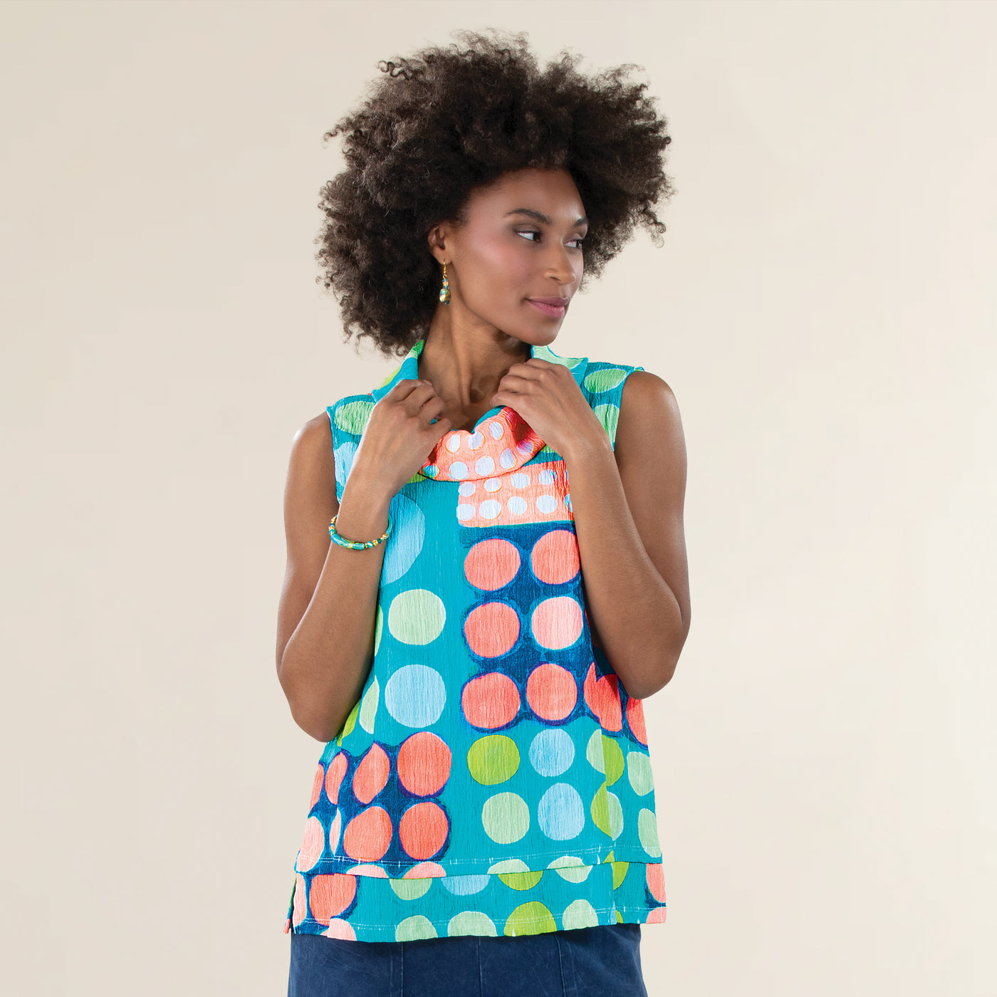 Retro Dots Cowl Neck Sleeveless Crinkle Top