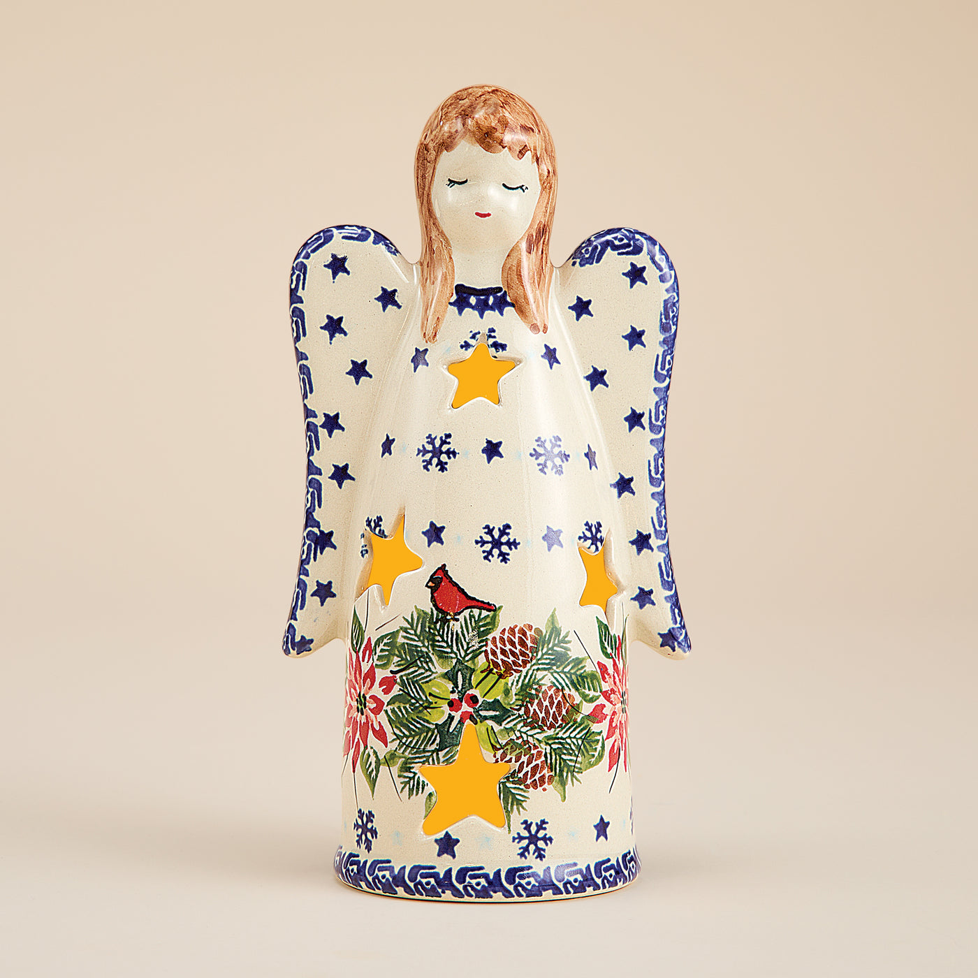 Polish Pottery Christmas Cardinals Angel Luminary