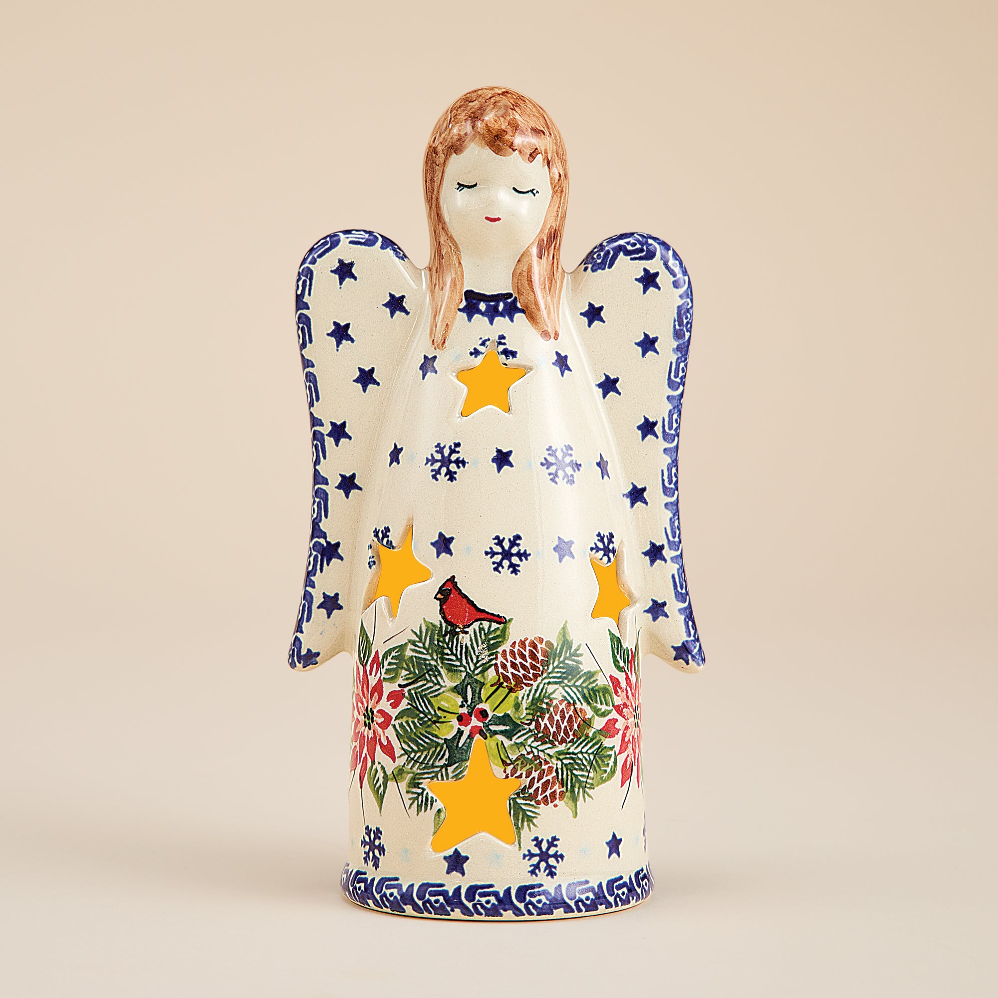 Polish Pottery Christmas Cardinals Angel Luminary
