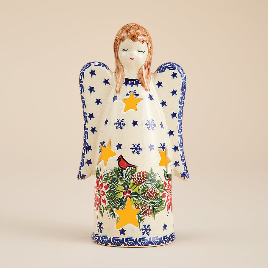 Polish Pottery Christmas Cardinals Angel Luminary