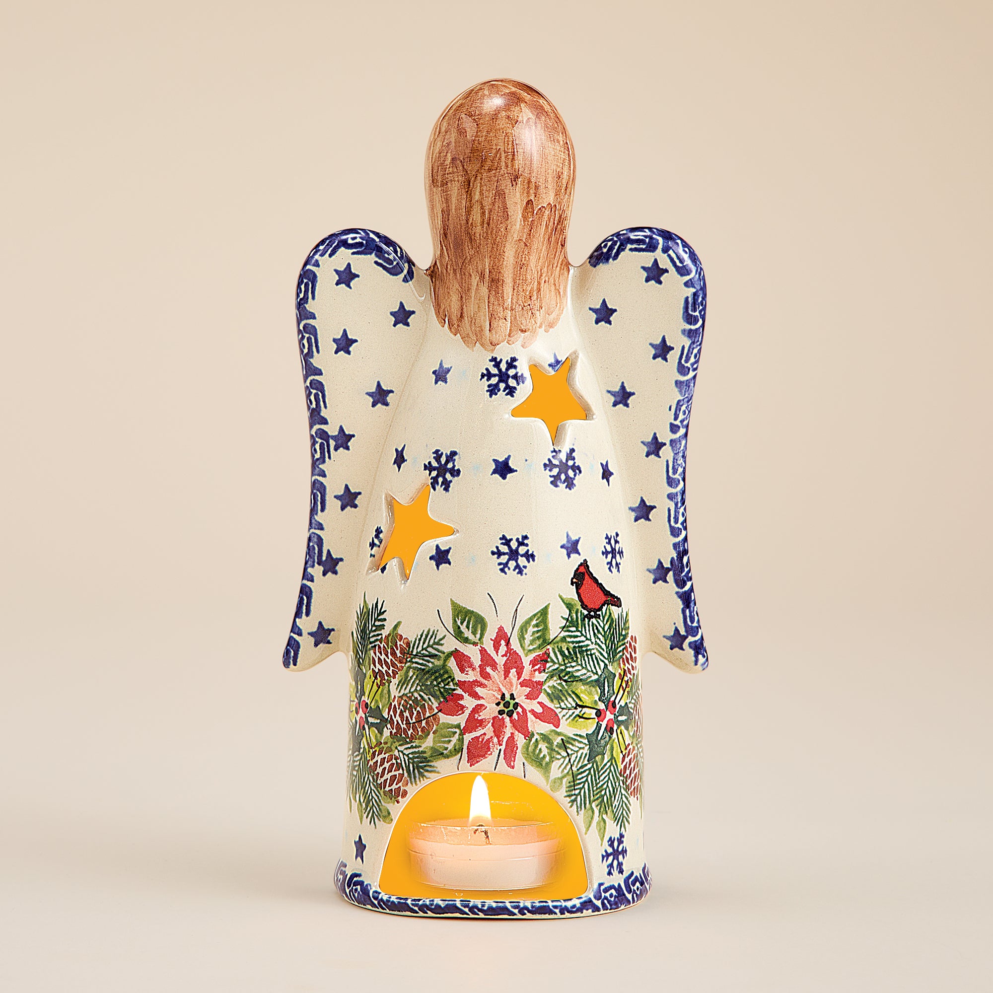 Polish Pottery Christmas Cardinals Angel Luminary