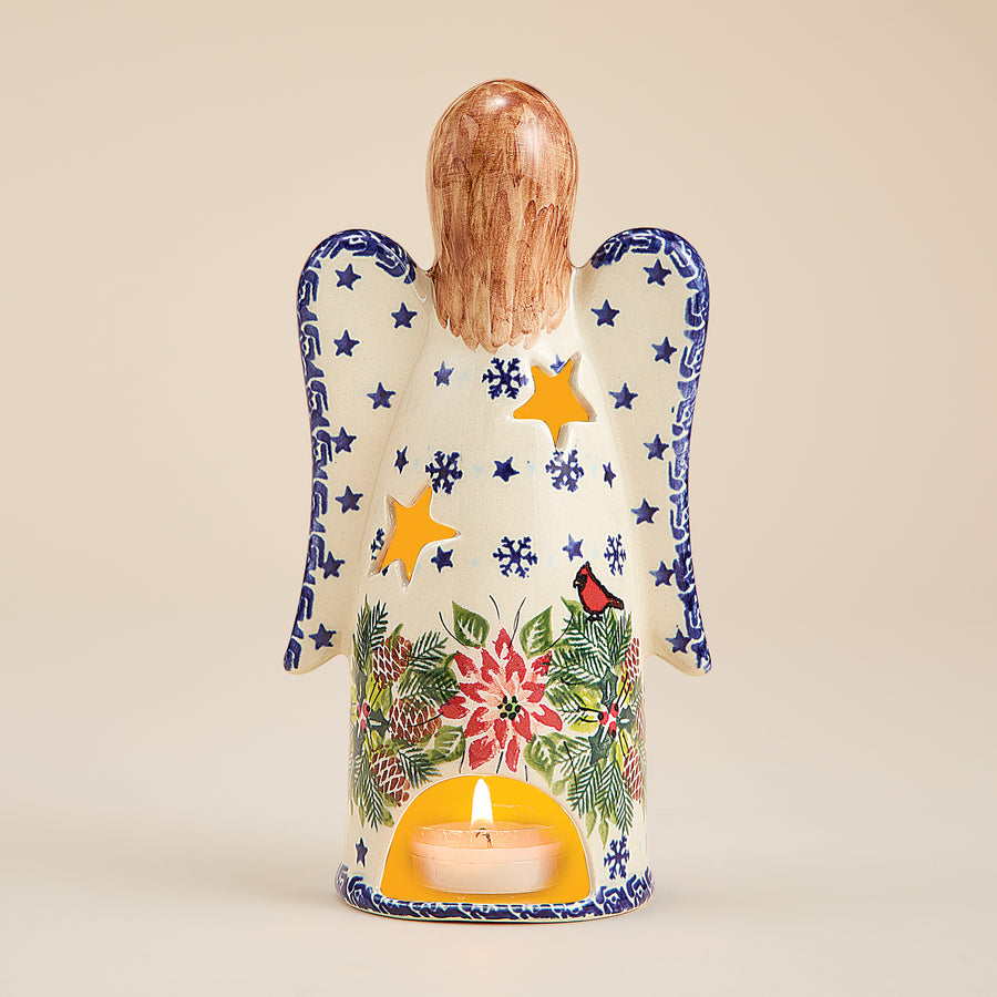 Polish Pottery Christmas Cardinals Angel Luminary