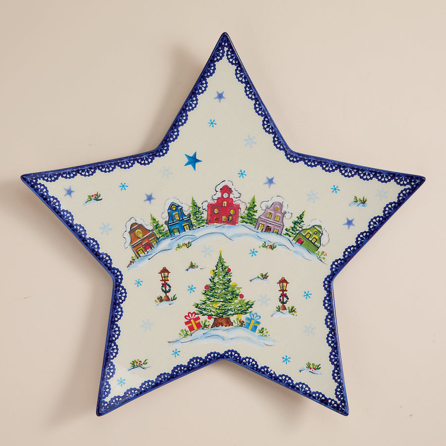 Polish Pottery Snowy Village Lane Star-Shaped Platter (Preorder)