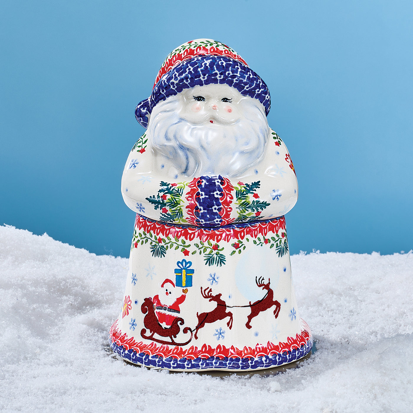 Polish Pottery Dashing All The Way Santa Cookie Jar