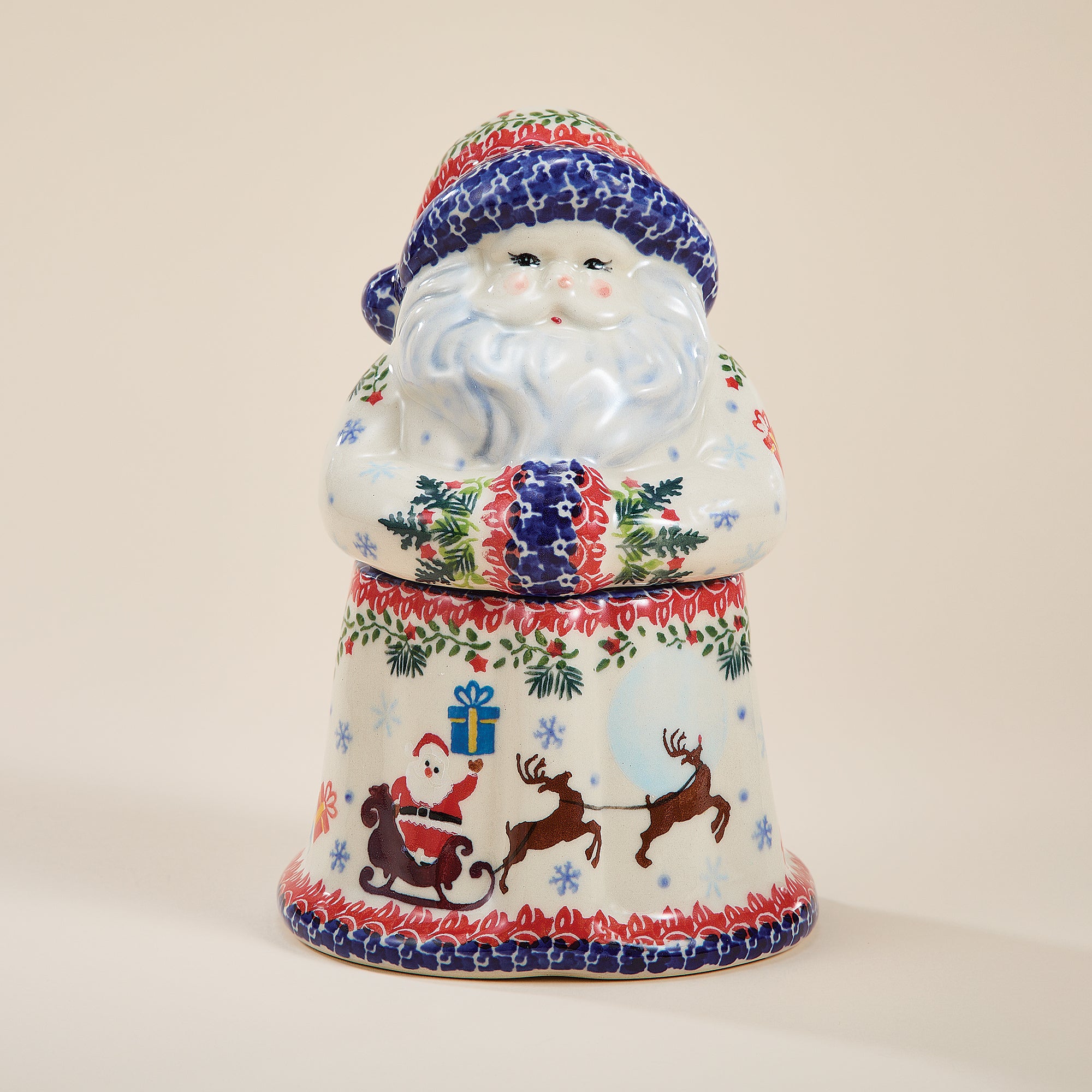 Polish Pottery Dashing All The Way Santa Cookie Jar