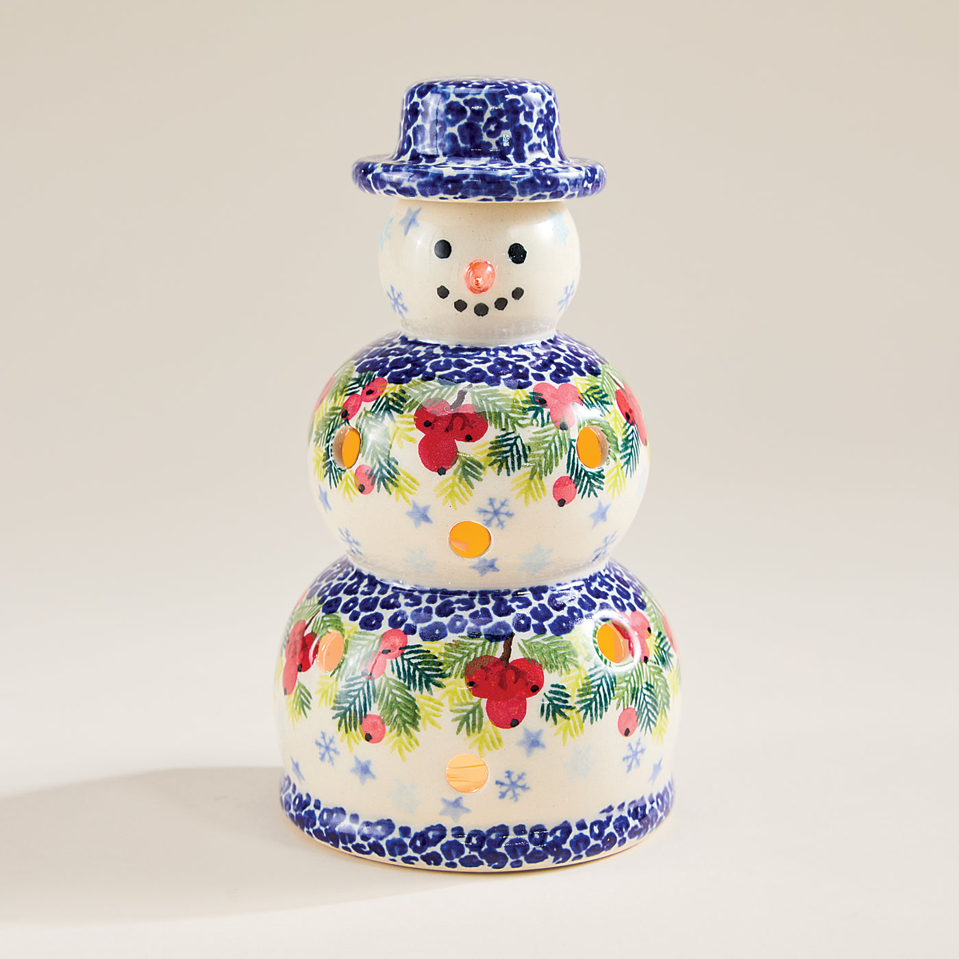 Polish Pottery Holly Berries Snowman Luminary (Preorder)