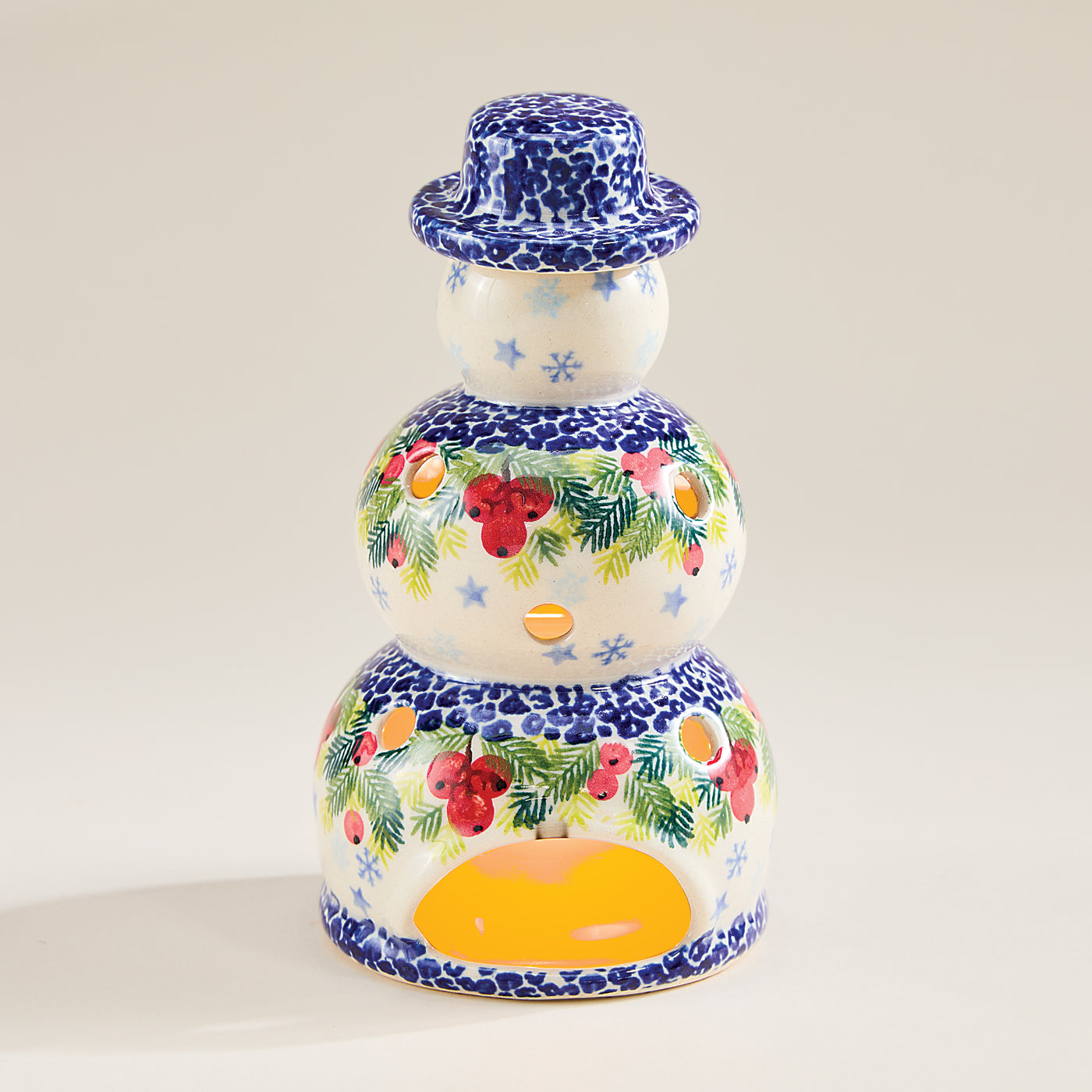 Polish Pottery Holly Berries Snowman Luminary (Preorder)