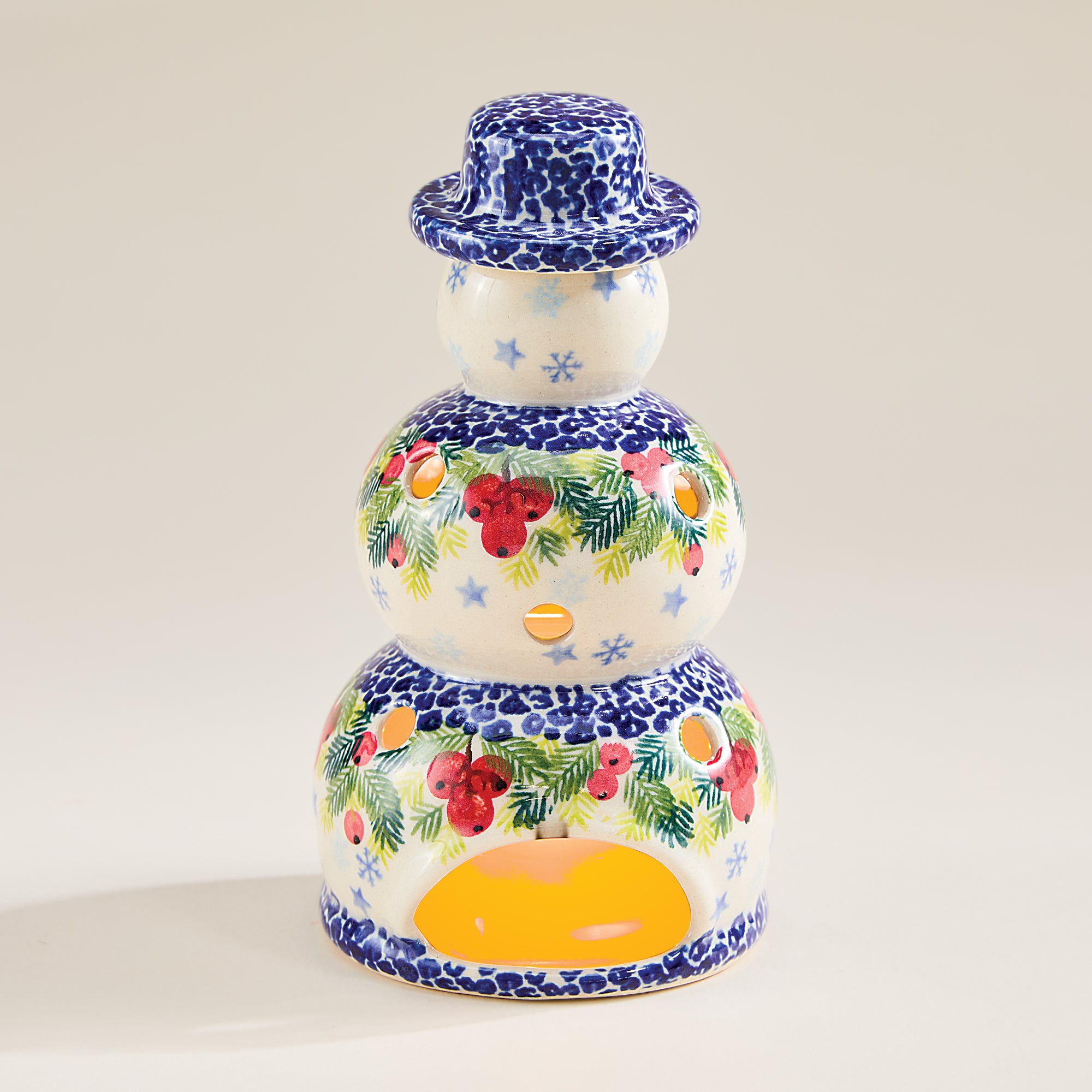 Polish Pottery Holly Berries Snowman Luminary (Preorder)
