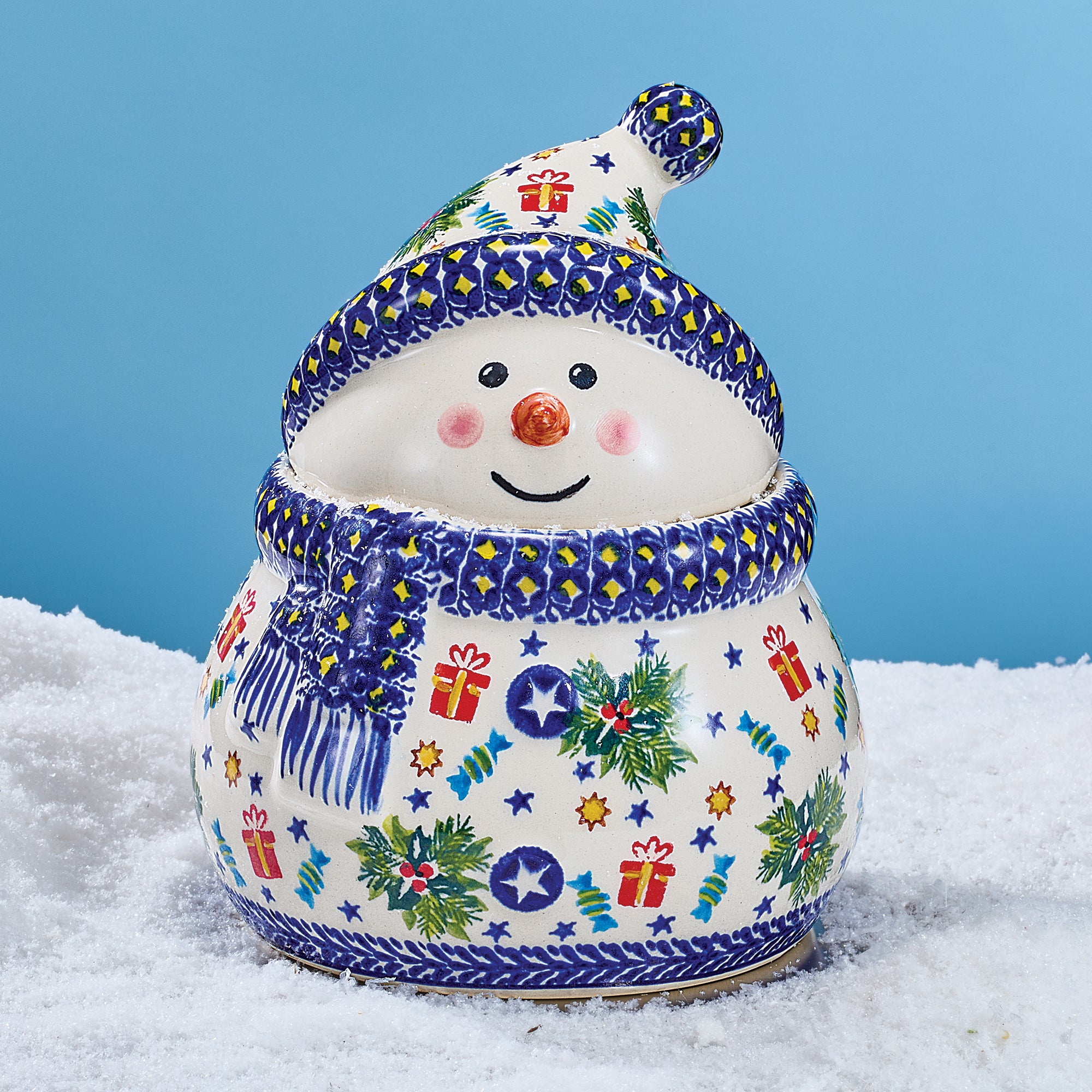 Polish Pottery Holiday Treats Snowman Cookie Jar