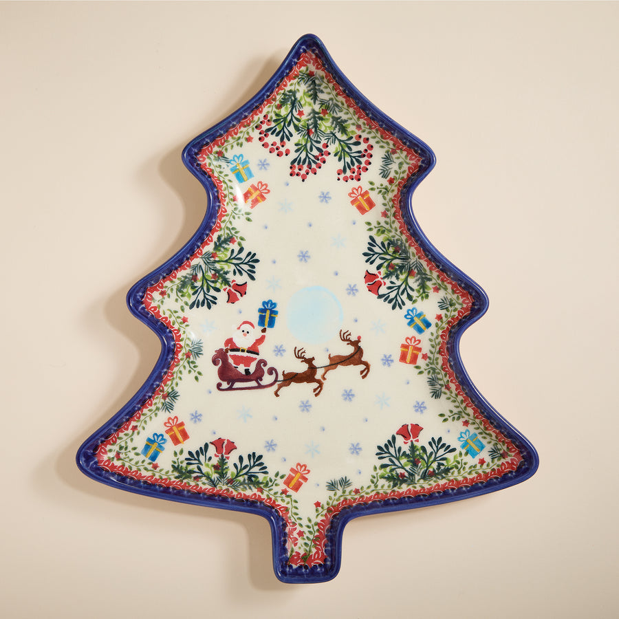 Polish Pottery Dashing All The Way Tree Platter
