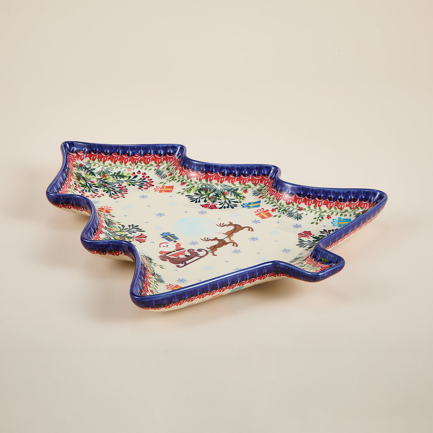 Polish Pottery Dashing All The Way Tree Platter