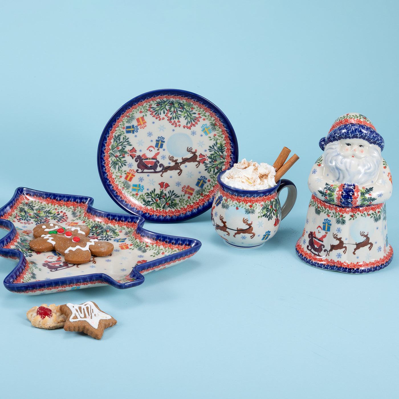 Polish Pottery Dashing All The Way Santa Cookie Jar