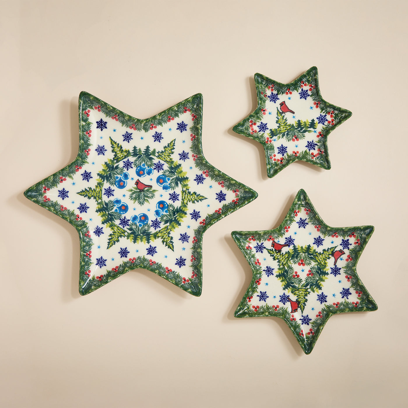 Polish Pottery Christmas Cardinals Star Plate Set