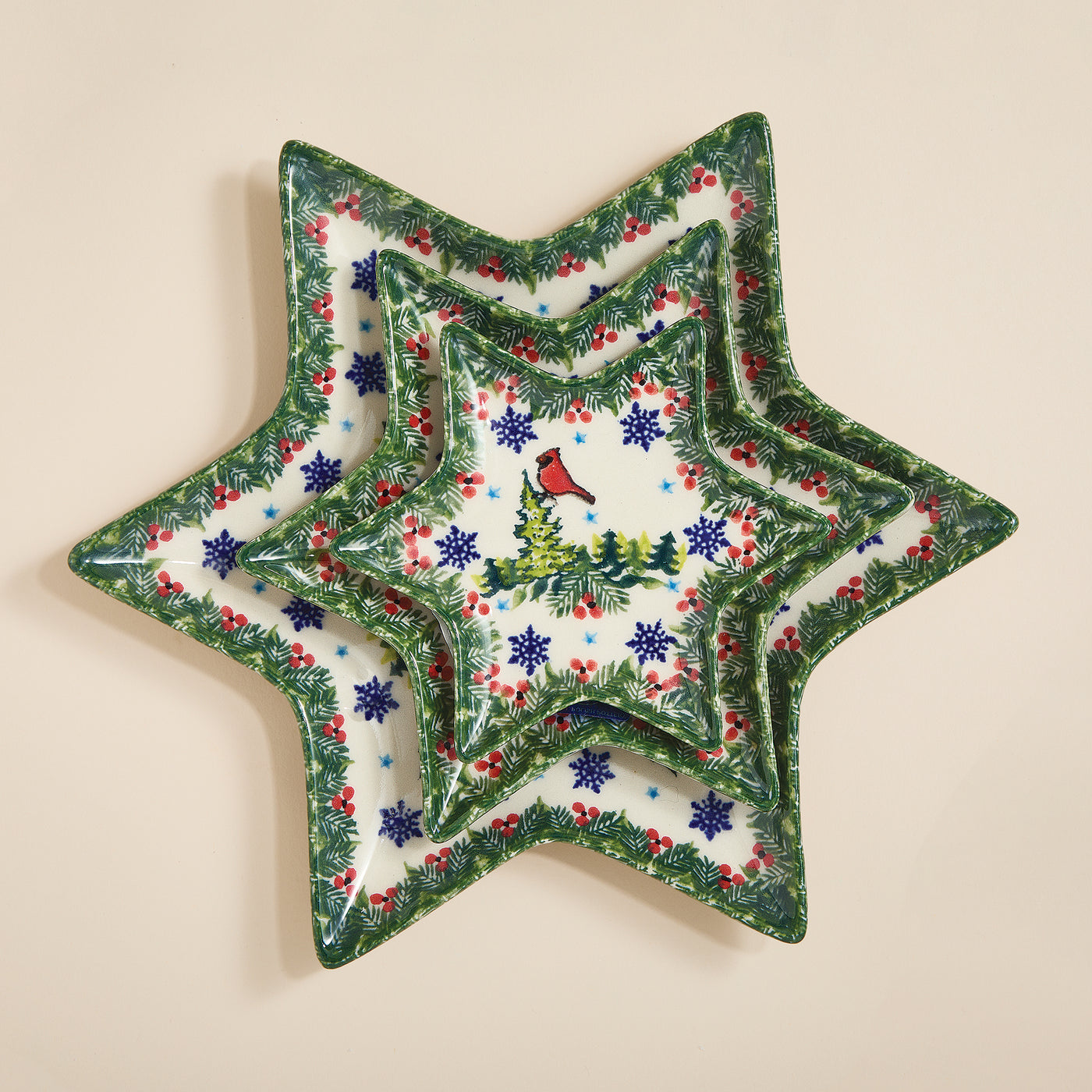 Polish Pottery Christmas Cardinals Star Plate Set