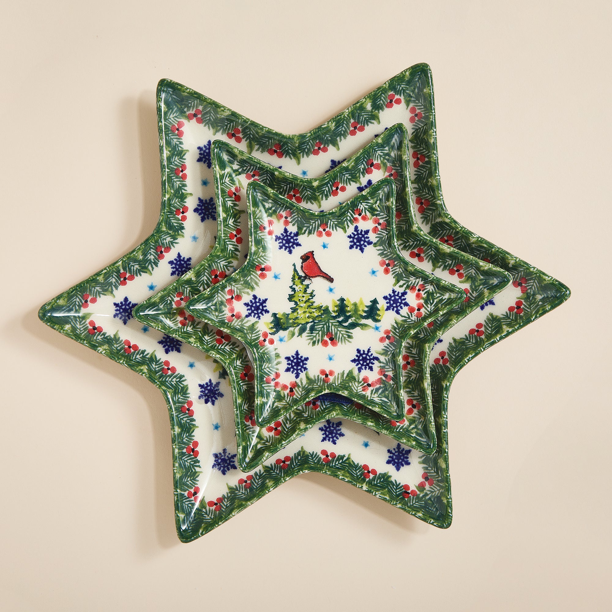 Polish Pottery Christmas Cardinals Star Plate Set