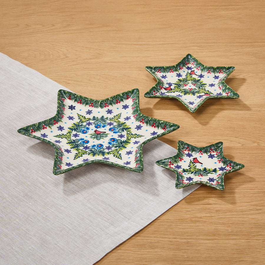 Polish Pottery Christmas Cardinals Star Plate Set
