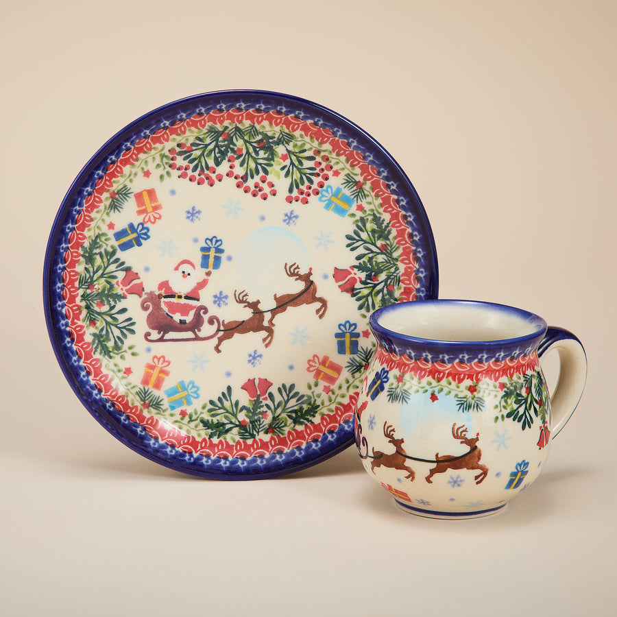 Polish Pottery Dashing All The Way Mug & Plate Set