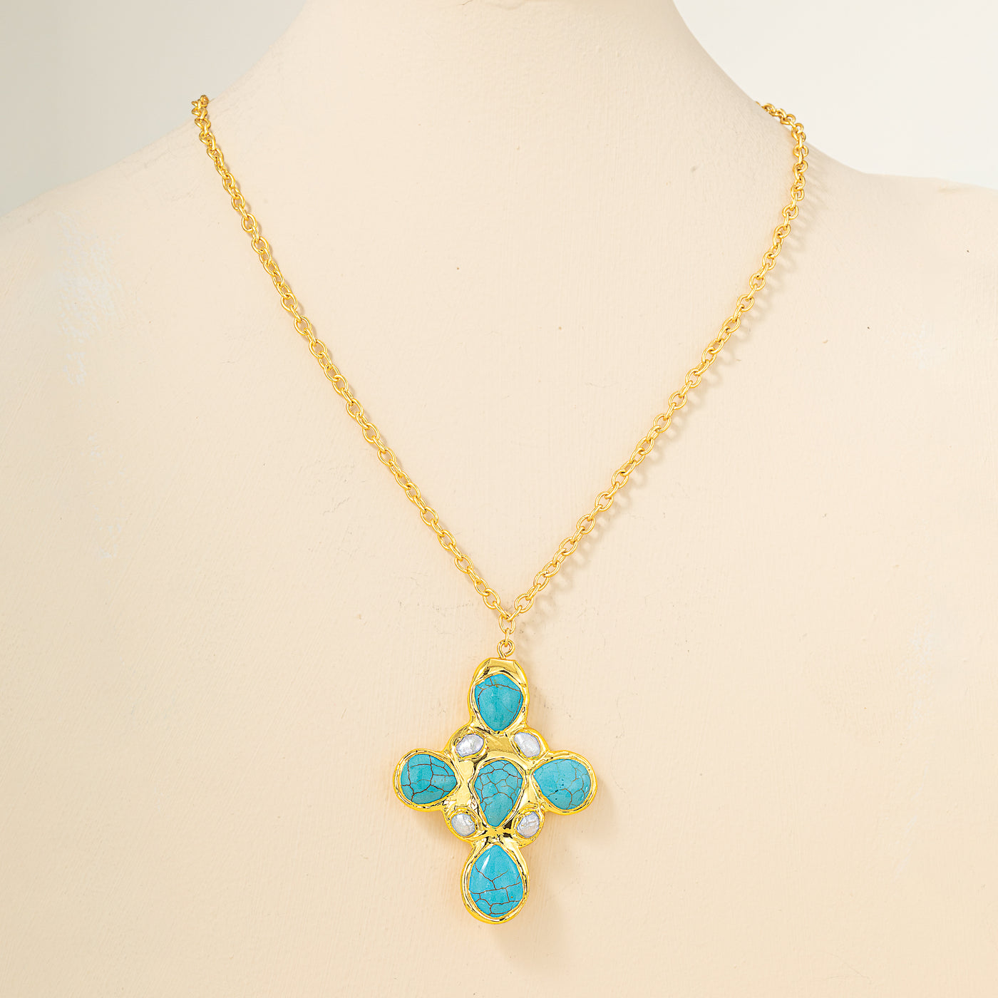 Turquoise & Mother of Pearl Cross Pendant Necklace (Preorder)