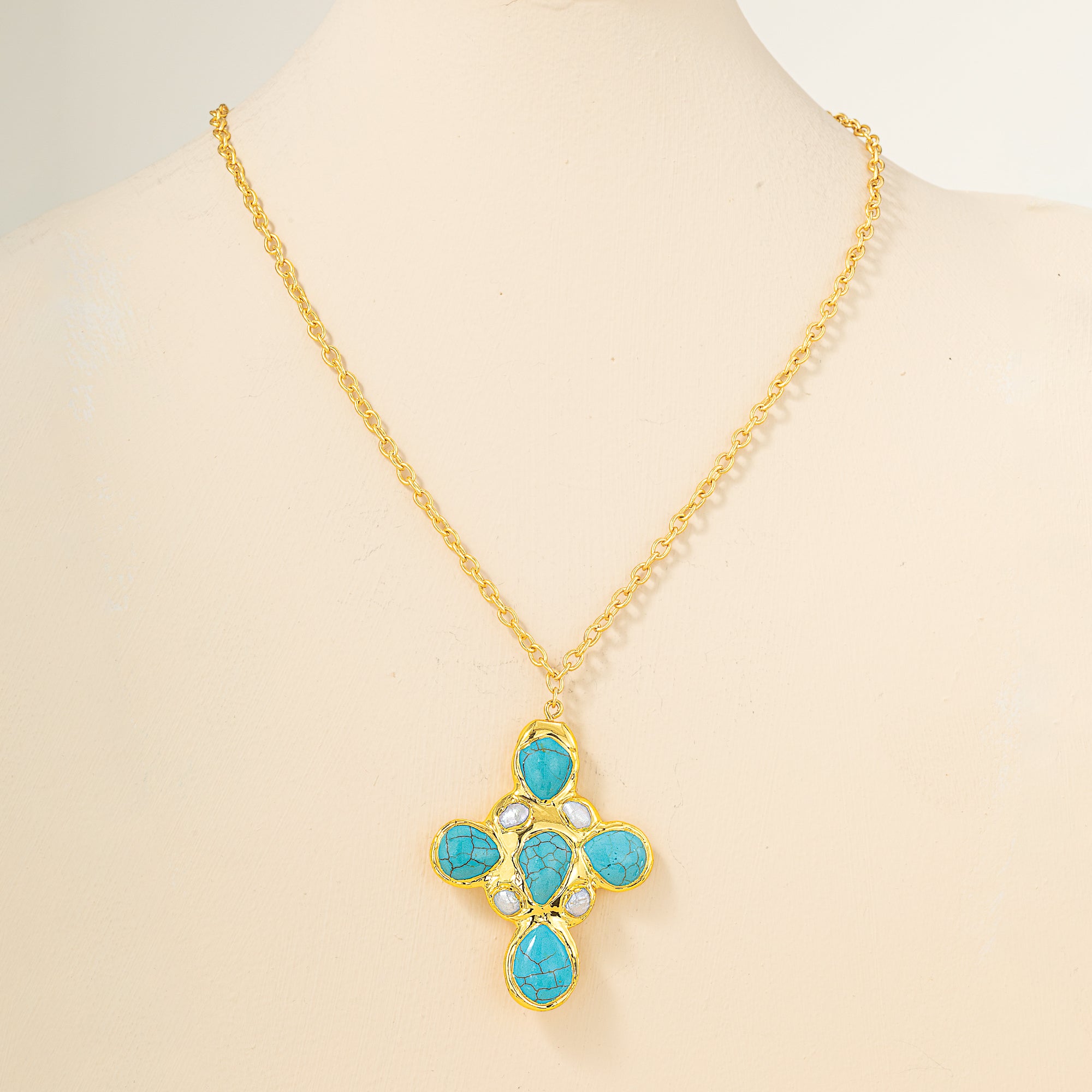 Turquoise & Mother of Pearl Cross Pendant Necklace (Preorder)